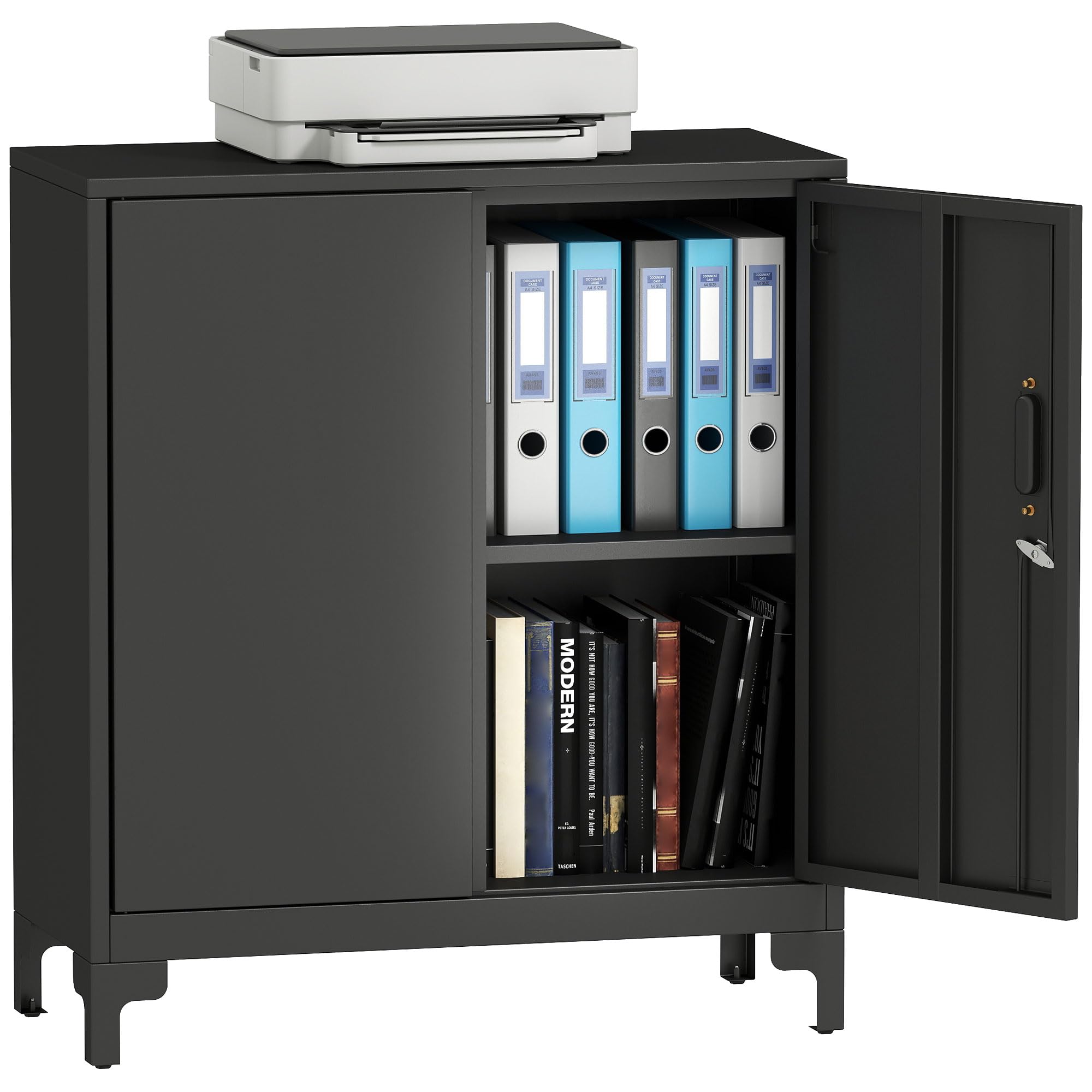 HOMCOM Armoire de Bureau à 2 Niveaux, Meuble de Rangement Bureau métallique avec 2 Portes verrouillables, Armoire à dossiers pour Domicile, Garage, 80 x 35 x 91 cm, Noir