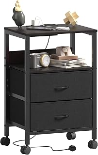 Lutown-Teen Bedside Cabinet Bedside Cabinet with 2 Drawers and Charging Station, 2 AC Outlets and 2 USB Ports, Side Table with Wheels for Living Room, Bedroom, Black