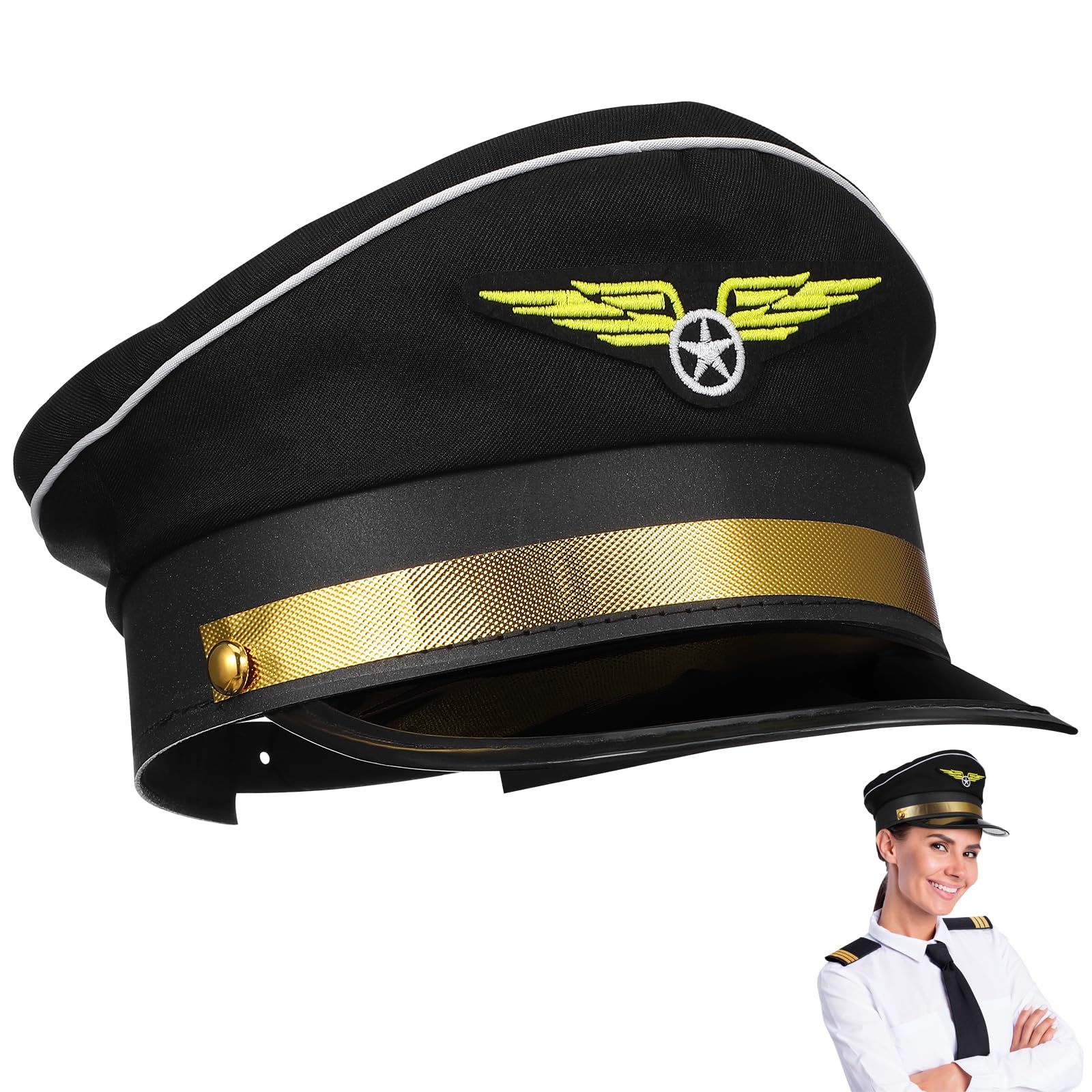 Alipis Sombrero De Piloto Ajustable Para Adultos, Gorro De CapitaN De AvióN Para Disfraz De Halloween, DecoracióN De Fiesta, Accesorio De Cosplay, Negro