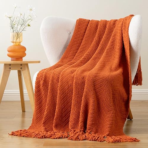 Miniatura 2 de BATTILO HOME Manta naranja quemada para sofá, manta tejida de decoración de otoño versátil para silla, manta decorativa de Halloween con borlas para