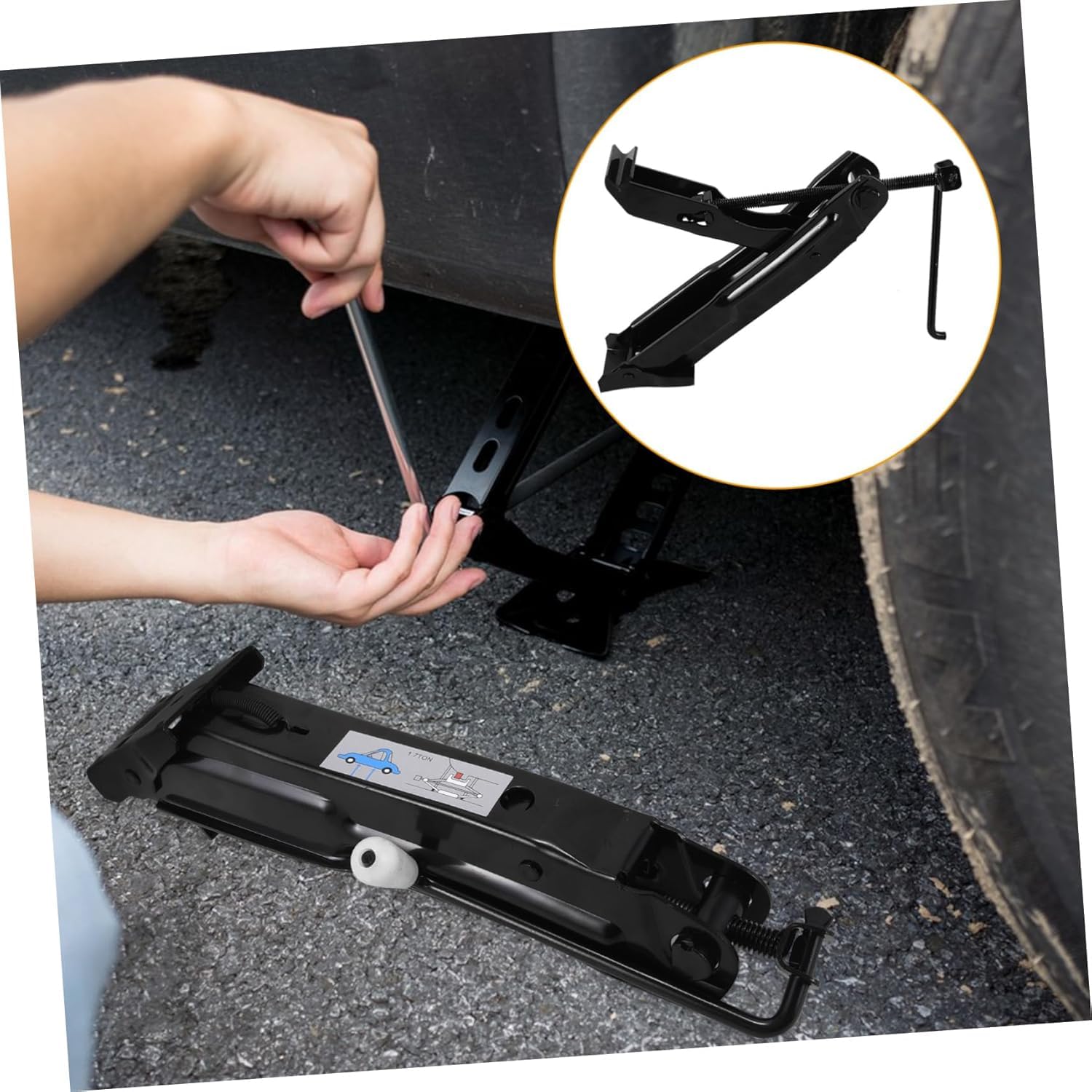 Manivela Gatos de Coches, 1,7 Toneladas de Capacidad, Gato de Neumáticos Portátil y Plegable, Elevador con Manivela para Coches, Remolques, Vehículos Pequeños y Medianos
