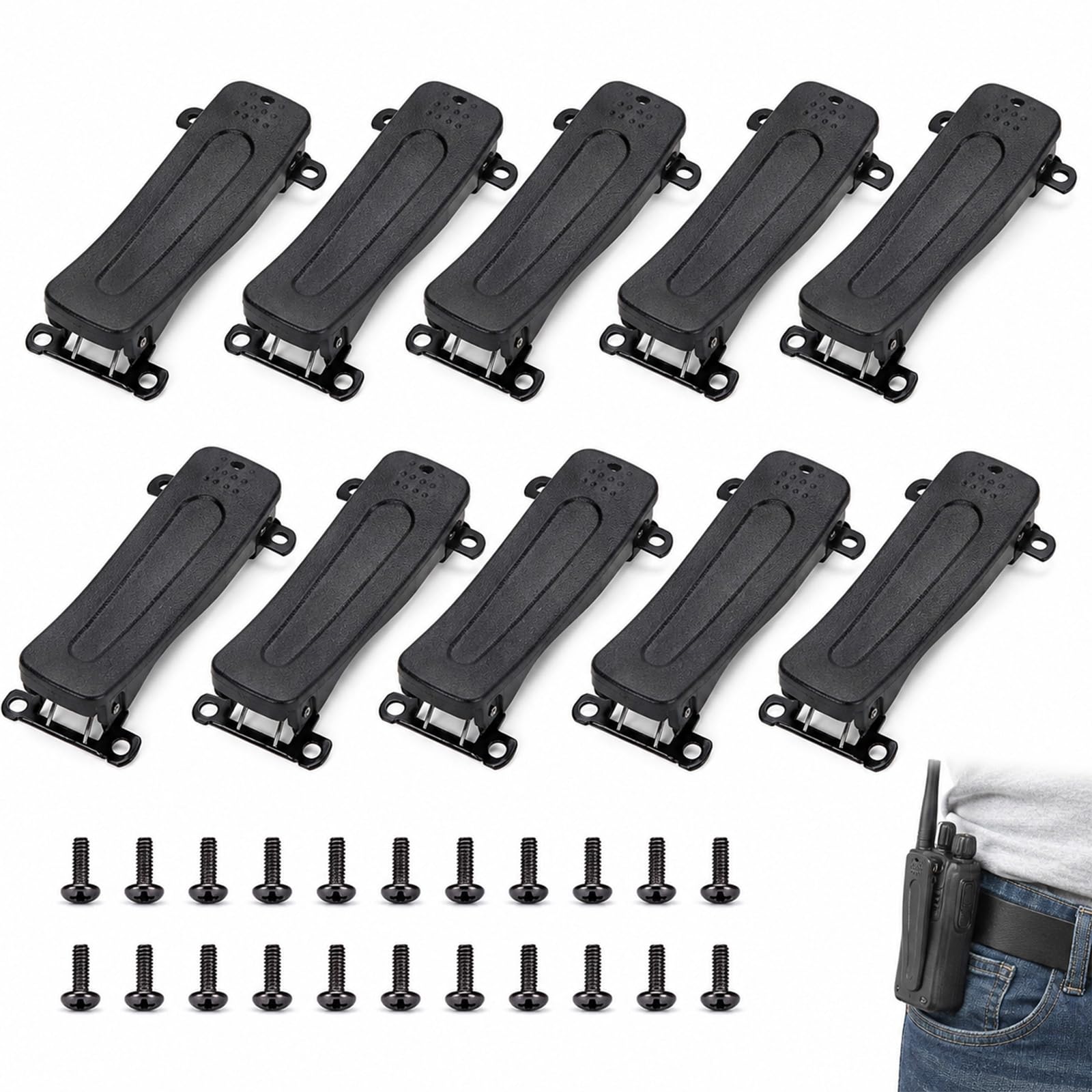 Solvind 10PCS Radio Belt Clip Clamps, PVC Walkie Talkie Belt Clips with 20 Screws, Universal Waist Clips for Two Way Radio Headsets Handheld Microphones