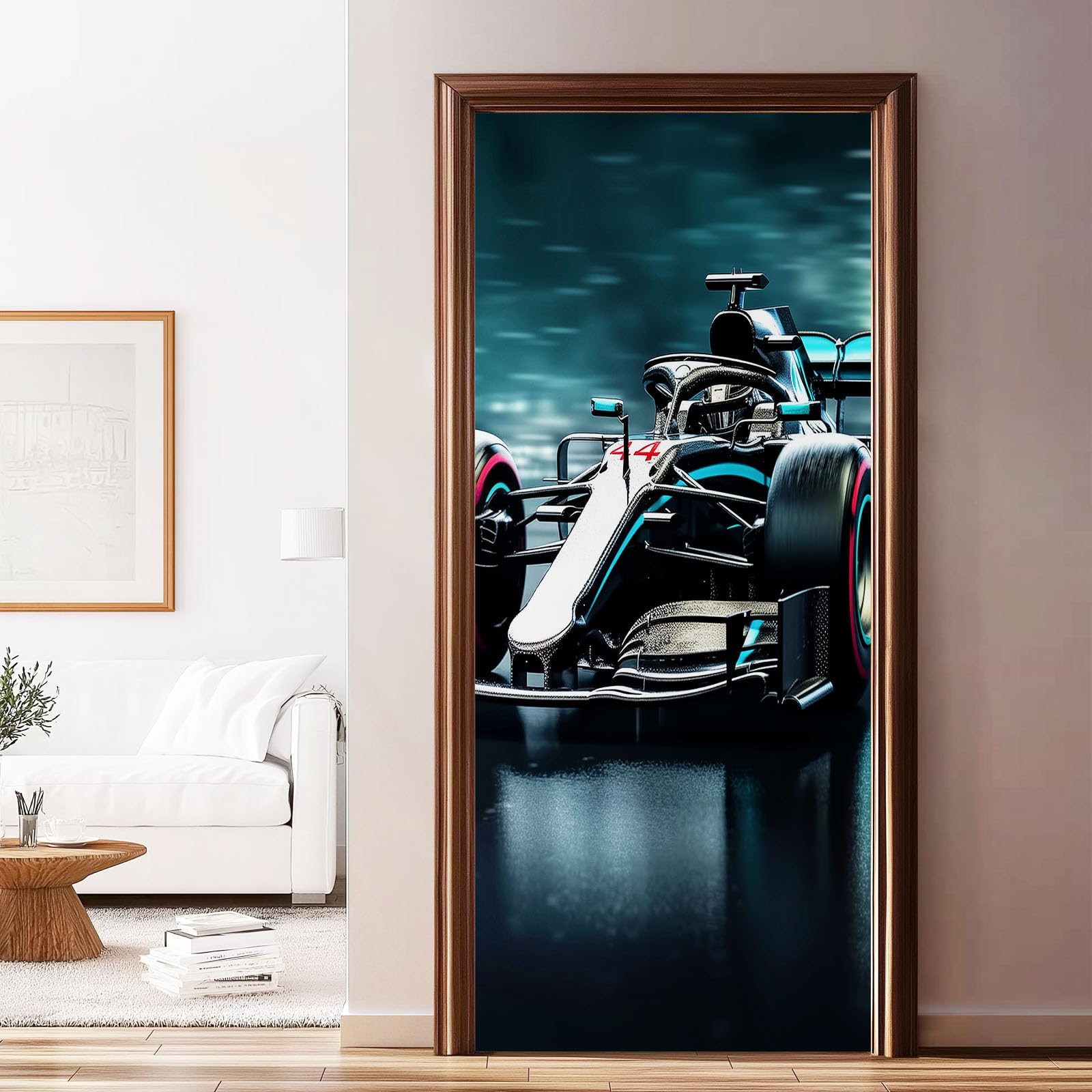 Nowoczesny styl naklejka plakat na drzwi, samoprzylepna naklejka ścienna wzór wyścigów samochodowych fotografia, ciemnoszare naklejki na drzwi z PCV do sypialni salonu kuchni, 95x215 cm