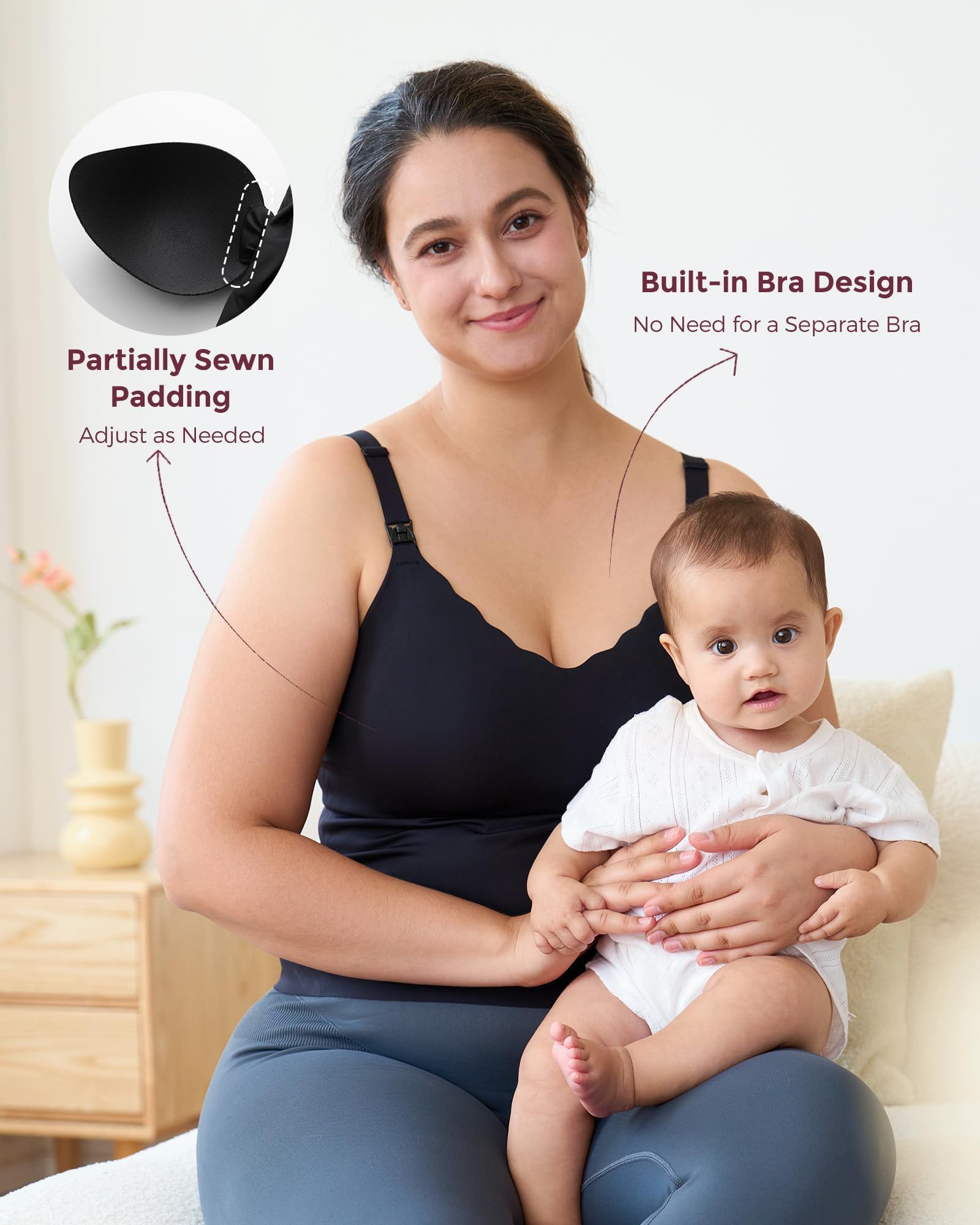 momcozy Canotta Allattamento Donna Senza Cuciture con Reggiseno Integrato, Spalline Regolabili, Design a Bordo Ondulato,Top Allattamento Donna per Allattamento al Seno