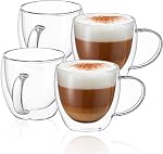 CNGLASS 12oz Tasses à café en verre double paroi, Tasses en verre isotherme avec poignée, Taches expresso claire pour Latte,Cappuccino,Tea Bag,Let de 4