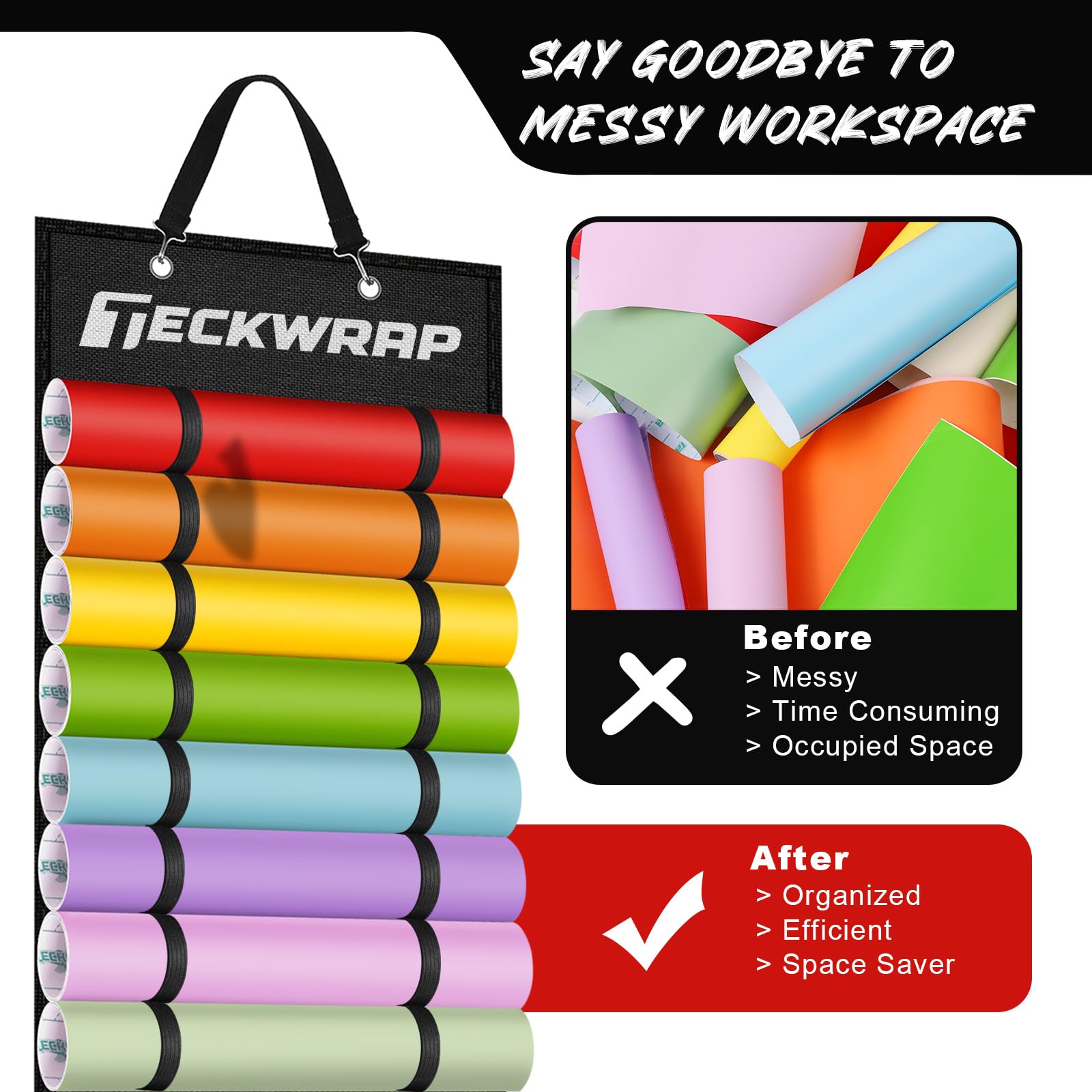 TECKWRAP Support de rouleau de vinyle, organiseur de rangement mural double face noir avec 47 compartiments, un placard, un studio