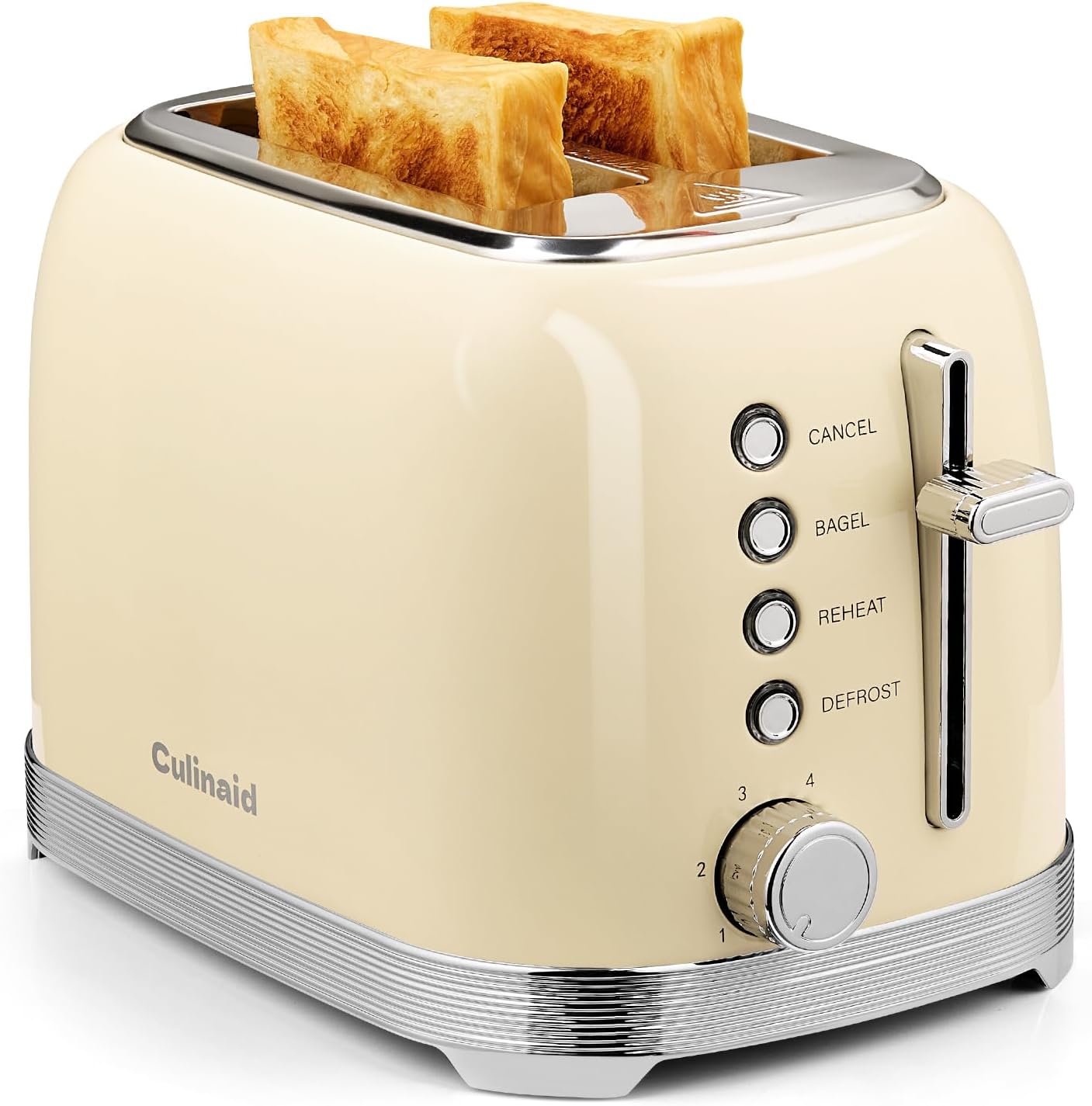 2 Slice Toaster Retro Stainless Steel with 1.5” Extra Wide Slots Bagel, Defrost, Reheat, Cancel Function, 6 Bread Shade Settings, Removable Crumb Tray, Cream White