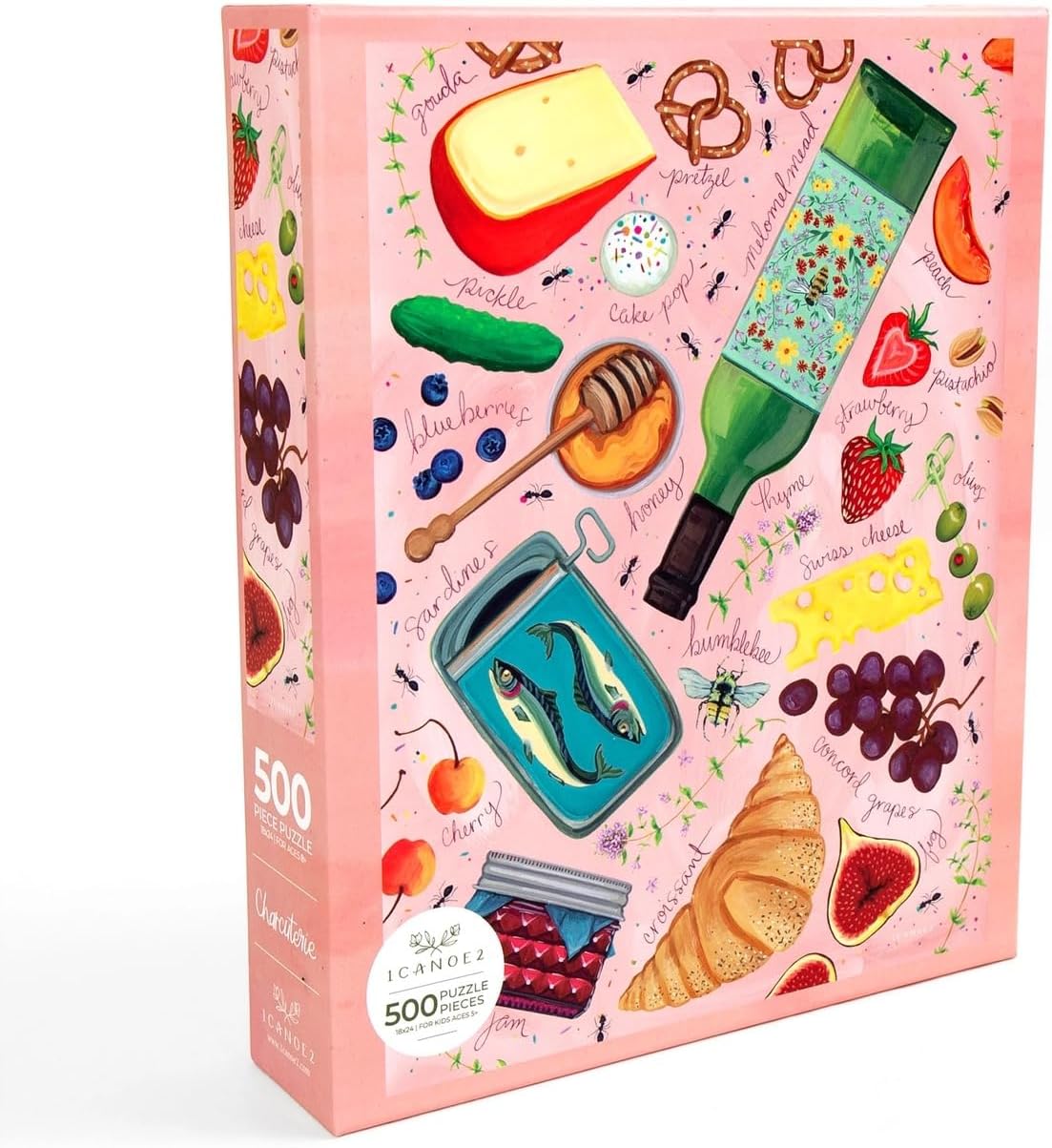Charcuterie – 500 Piece Food Jigsaw Puzzle for Adults – Gourmet Cheese, Wine, Fruit & Picnic Snacks Puzzle – Hand-Painted Charcuterie Board Puzzle with Pink Background by 1Canoe2