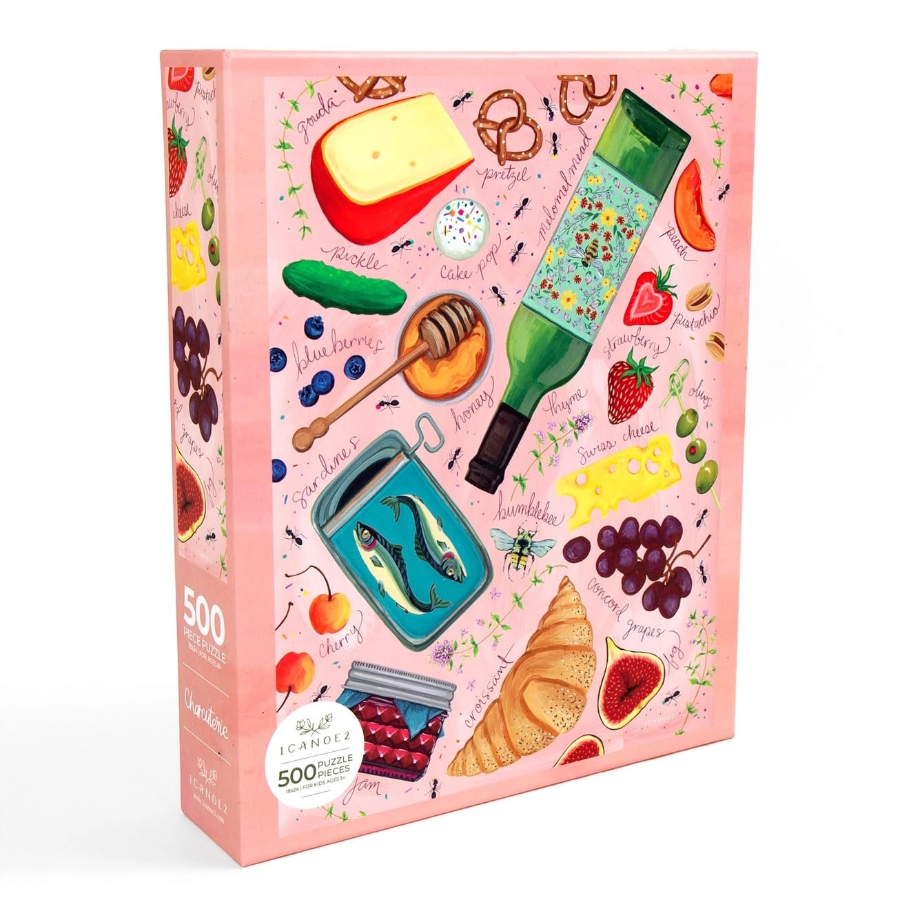 Charcuterie – 500 Piece Food Jigsaw Puzzle for Adults – Gourmet Cheese, Wine, Fruit & Picnic Snacks Puzzle – Hand-Painted Charcuterie Board Puzzle with Pink Background by 1Canoe2