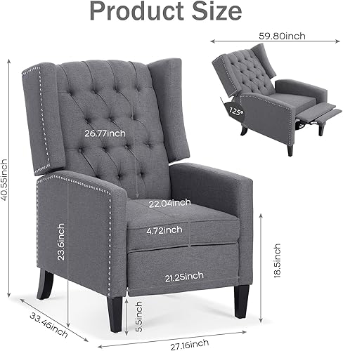 Miniatura 16 de Sillas reclinables para adultos, sofá reclinable ajustable con respaldo de ala con reposapiés extendido, sillas reclinables modernas de tela, sillas