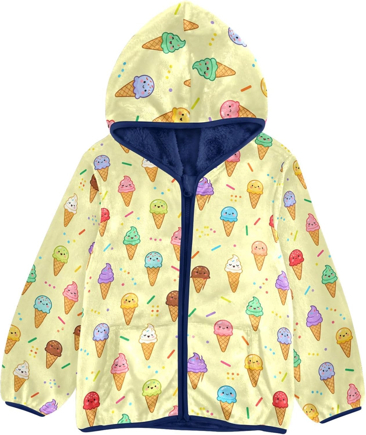 Ice Cream Pattern Fleece Jacket Toddler Boy Outerwear Jackets Navy Blue Baby Hoodie for Boys