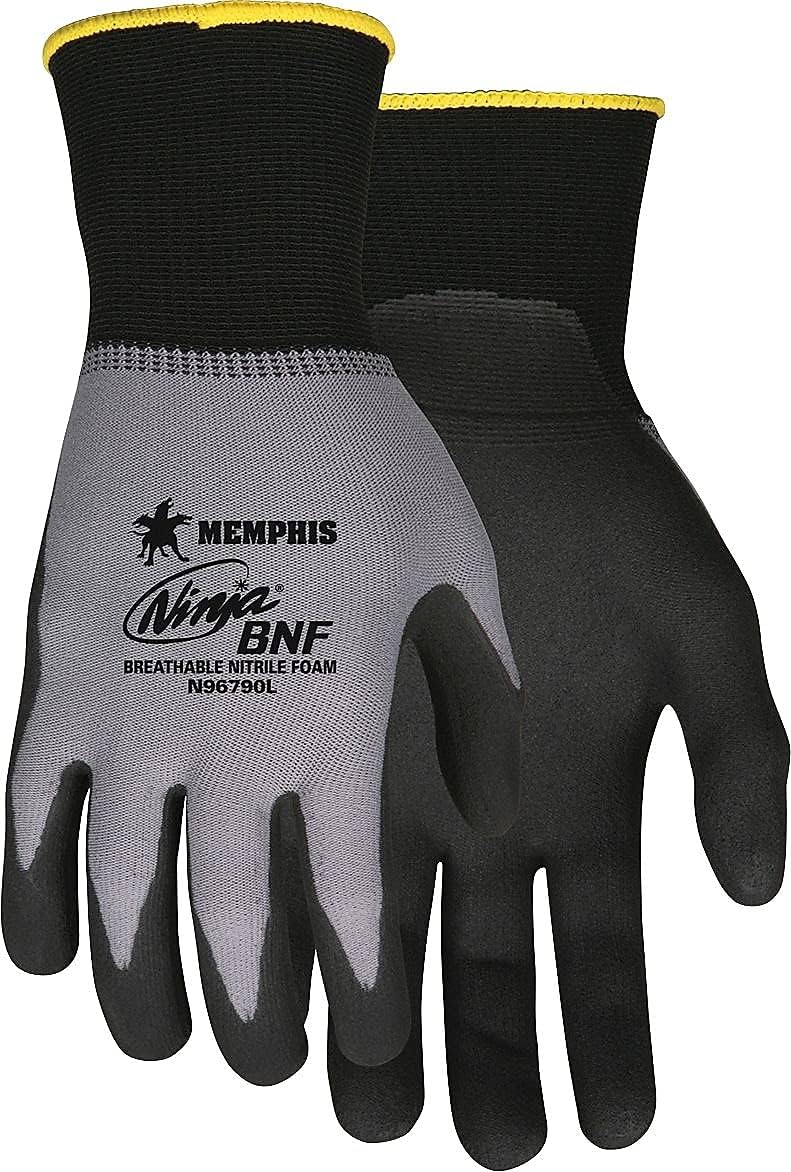 MCR Safety Ninja BNF N96790L Work Glove, 15 Gauge Nylon/Spandex Shell, Breathable Nitrile Foam (BNF) Coated Palm & Fingertips, Large, Black / Gray, Grey