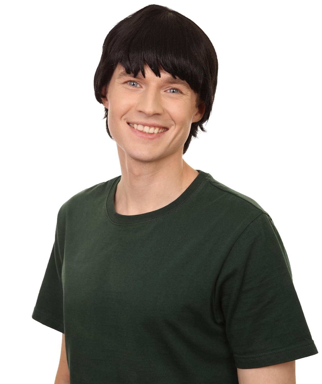 HPO Adult Men's 10" Inch Medium Length Halloween Cosplay Anime Funny Gene Brother Costume Wig, Synthetic Fiber Hair, (Black)