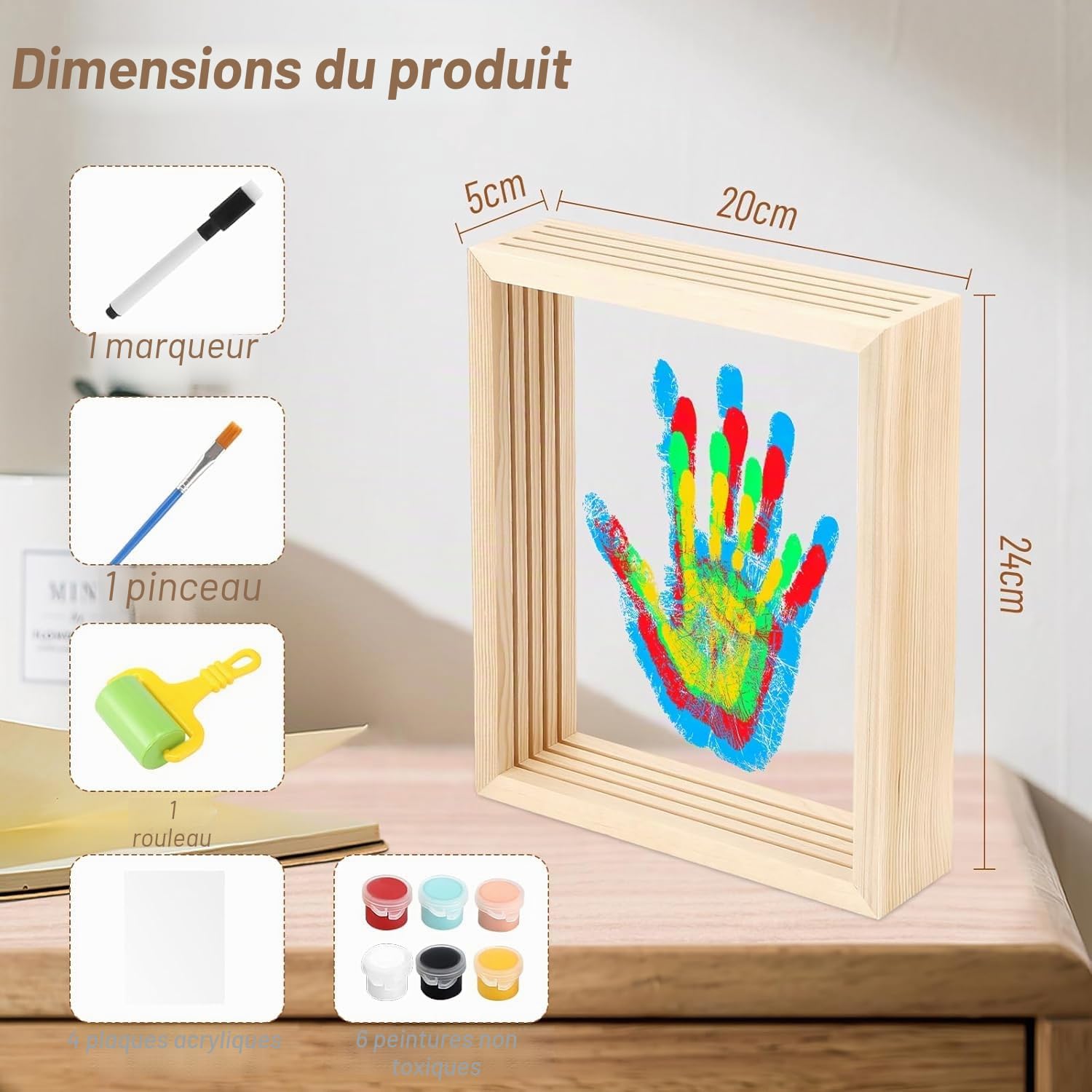Kit d'Empreintes de Mains Familiales avec Cadre en Bois, 4 Empreintes, 6 Couleurs de Pigments, pour Bébé