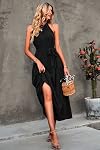 PRETTYGARDEN Women's Summer Floral Maxi Sun Dress Sleeveless Halter Neck Flowy Ruffle Hem Long Boho Dresses with Belt