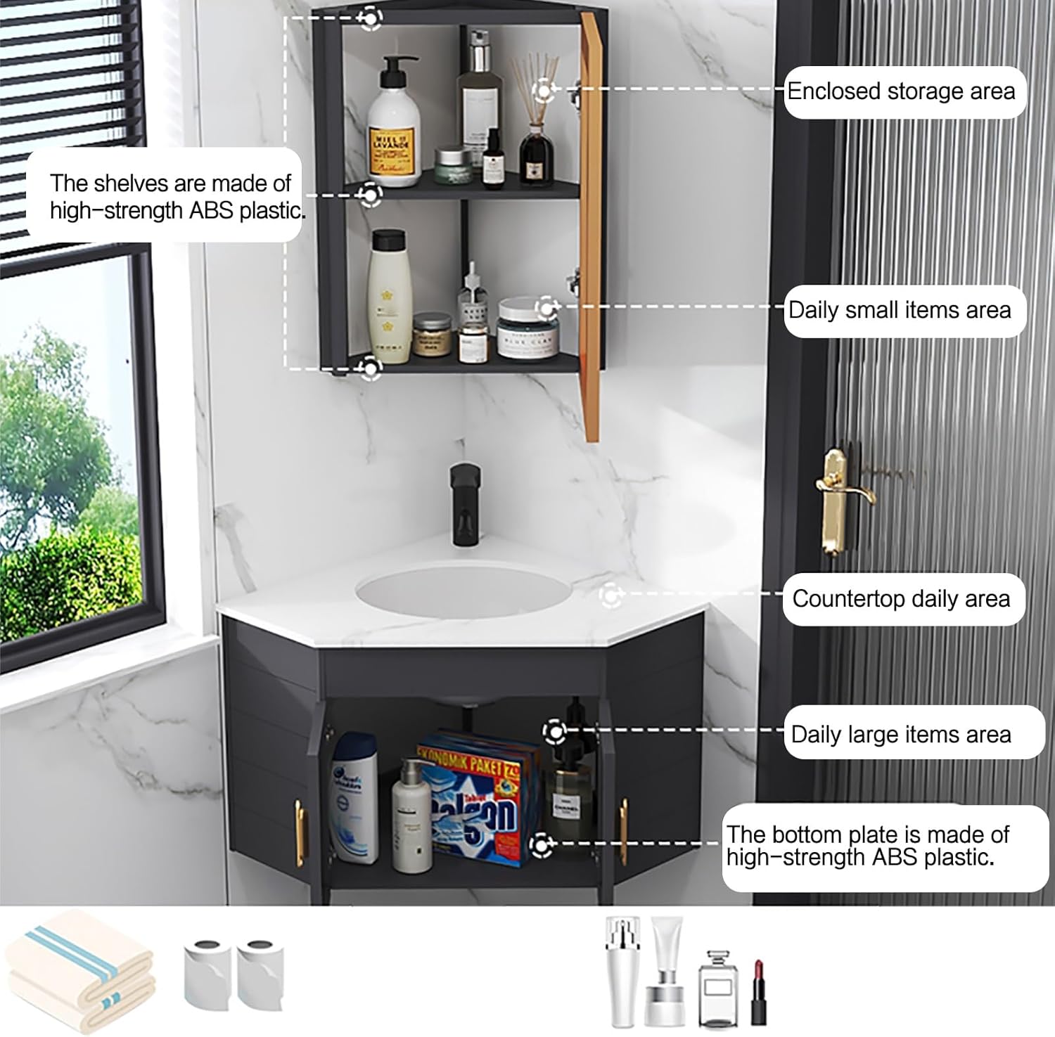 Corner Ceramic Sink Corner Bathroom Vanity Corner Vanity with Sink and Mirror Cabinet LED Mirror w/Anti-Fog Wall Mounted Bathroom Sink Cabinet Modern Bathroom Storage Cabinet for Small Space(White)