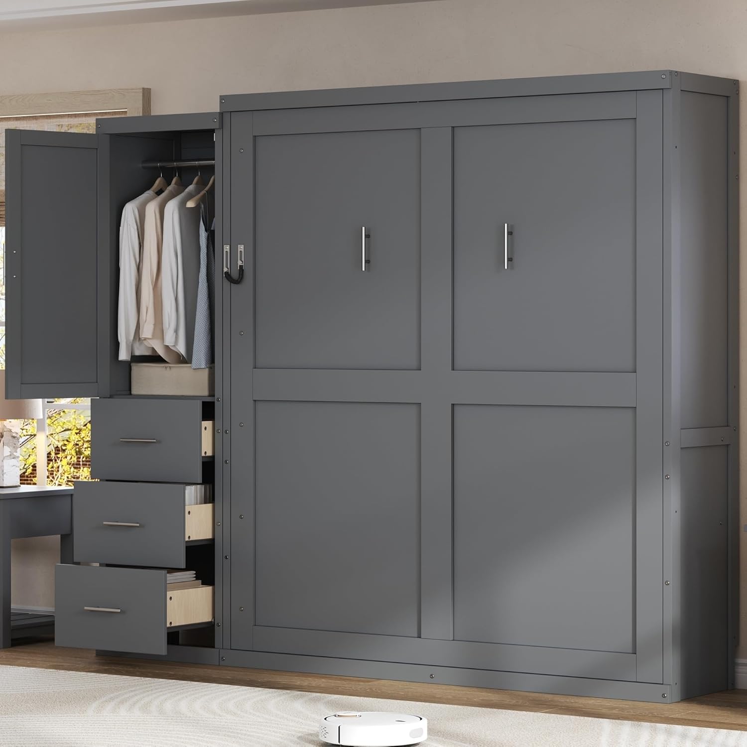 Harper & Bright Designs Queen Size Murphy Bed with Wardrobe, Farmhouse Hidden Foldable Wall Bed Frame with Storage Drawers, Space-Saving Storage Bed Cabinet for Bedroom, Office,Grey