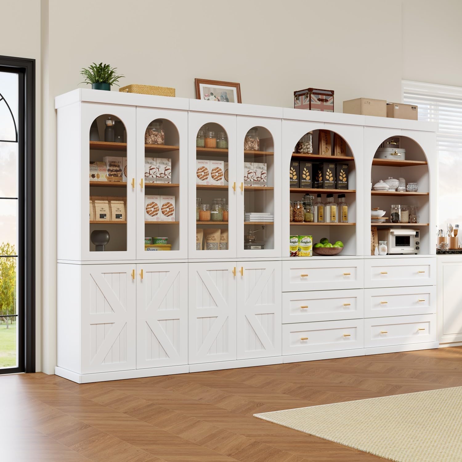 Farmhouse Kitchen Pantry Cabinet Set of 4, 71-Inch Tall Wood Hutch with Glass Doors, Adjustable Shelves & 3 Drawers, Versatile Storage Cabinet for Dining Room, Living Room, White