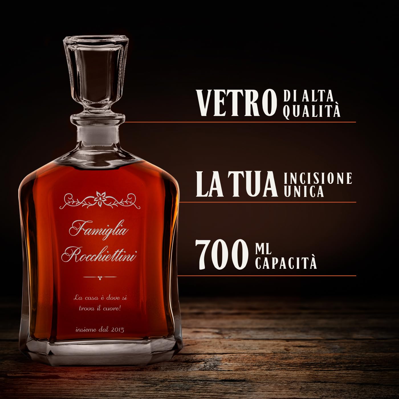 Maverton Set Decanter per Whisky in vetro - da 700 ml - incisione personalizzata - Caraffa + 2/4/ 6 bicchieri - idea regalo per l'anniversario per la coppia di sposi o fidanzati - Primula