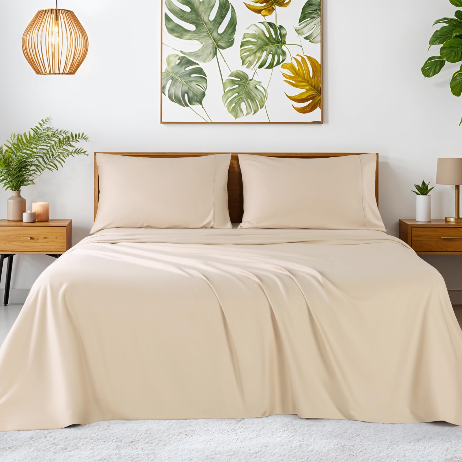 Photo 1 of SONORO KATE 100% Egyptian Cotton Sheets - 1200 Thread Count, Luxury & Cooling Hotel Cotton Bed Sheets Set 4 Piece, Sateen Weave for Soft Feel, Fits Upto 16" Mattress (Beige, Queen)