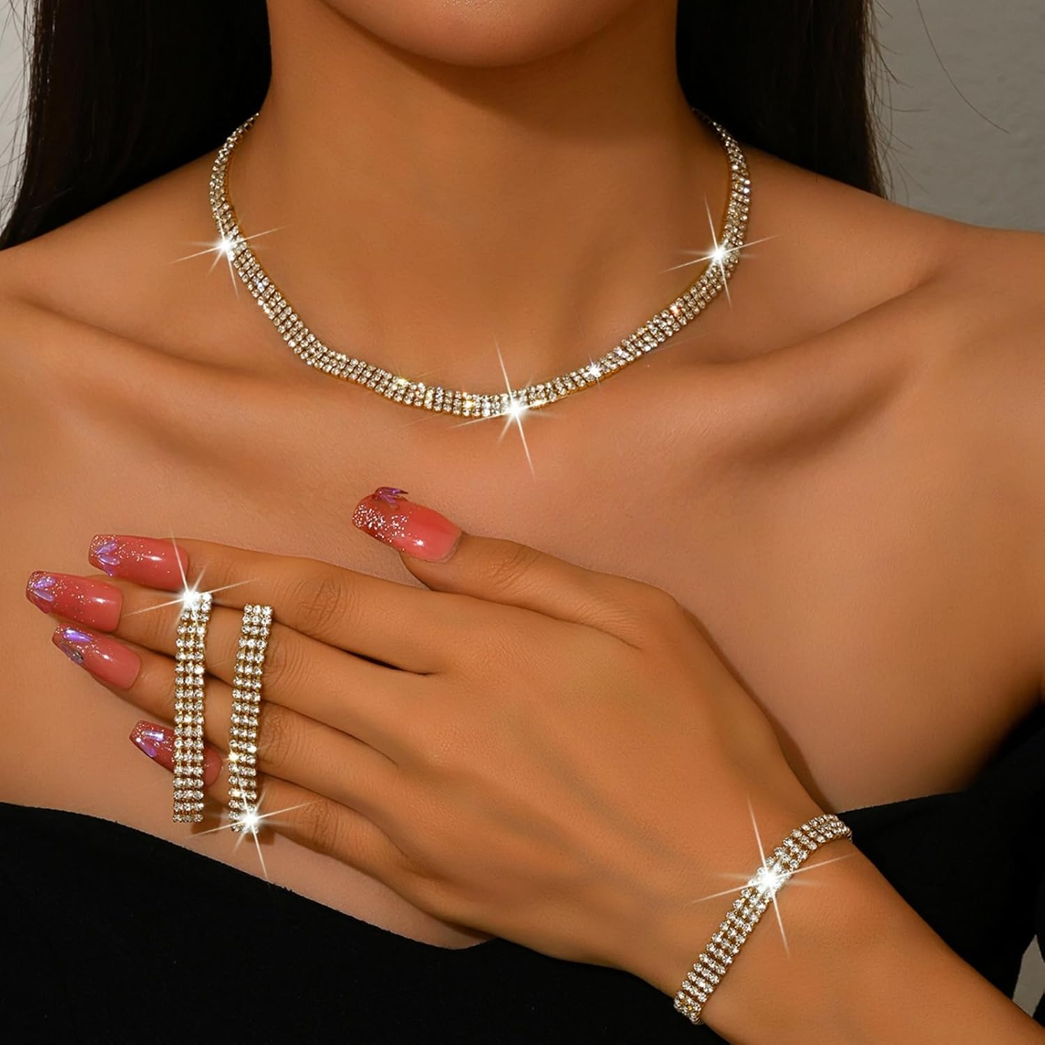 Brides Wedding Earrings Bracelet Necklace Set Vintage Sparkle Rhinestone Earrings Grace Crystal Bracelet Necklace Statement Party Wedding Ball Costume Jewelry Set for Women - Image 4