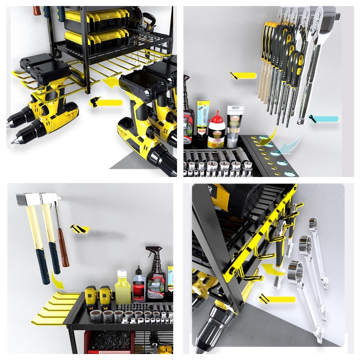 Zstar Soporte de pared para herramientas, organizador de taller para 8 herramientas eléctricas, soporte de herramientas de 4 niveles con destornillador para garaje, taller de coche, 60 x 24,5 x 41,5