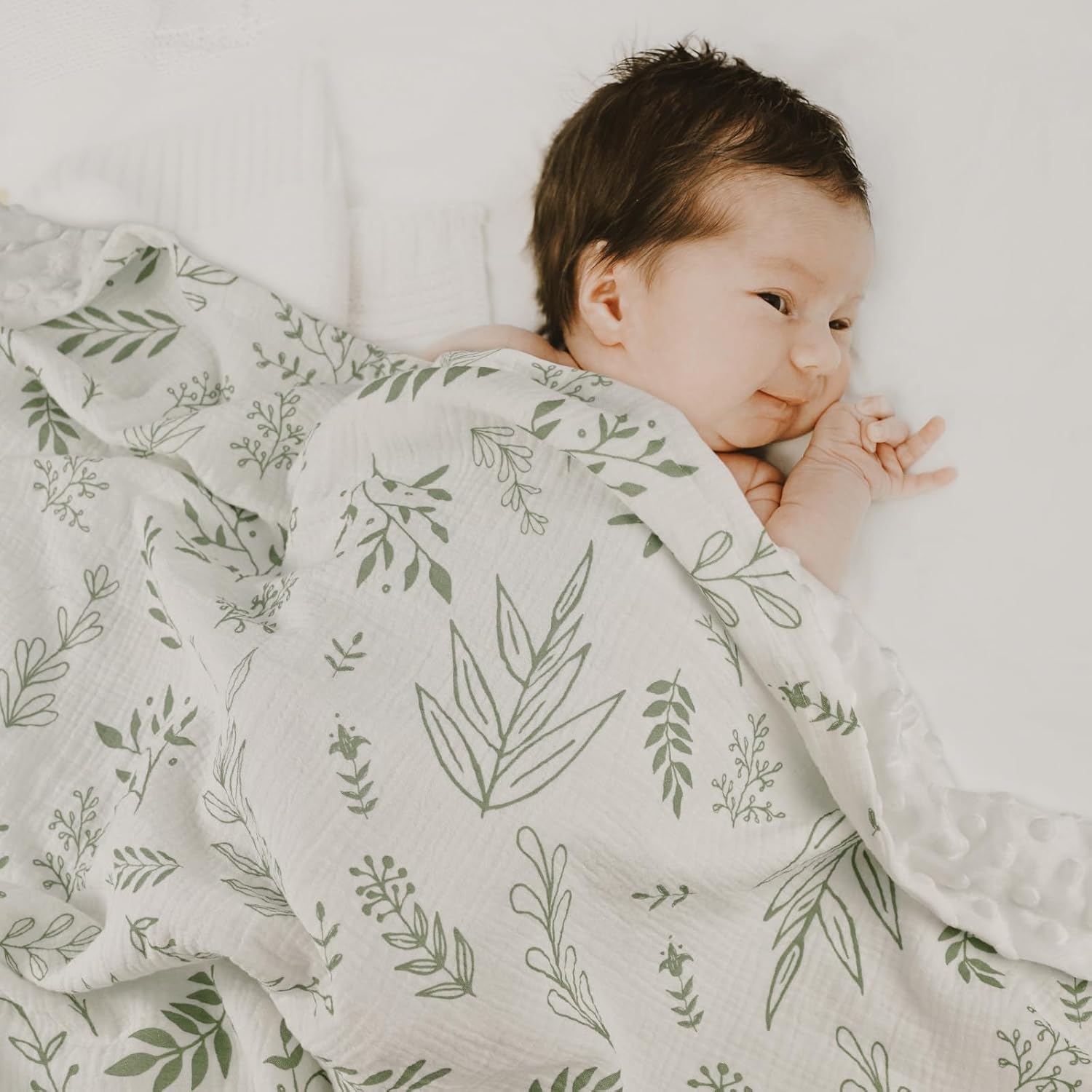 GLLQUEN BABY Blankets for Unisex Boys Girls, 2-Pack Muslin Cotton Front Soft and Breathable, and Dotted Fleece Backing, Printed Bed Nursery Minky Blankets for Toddler Newborn, Greenery,30 x 40 inches - Image 6