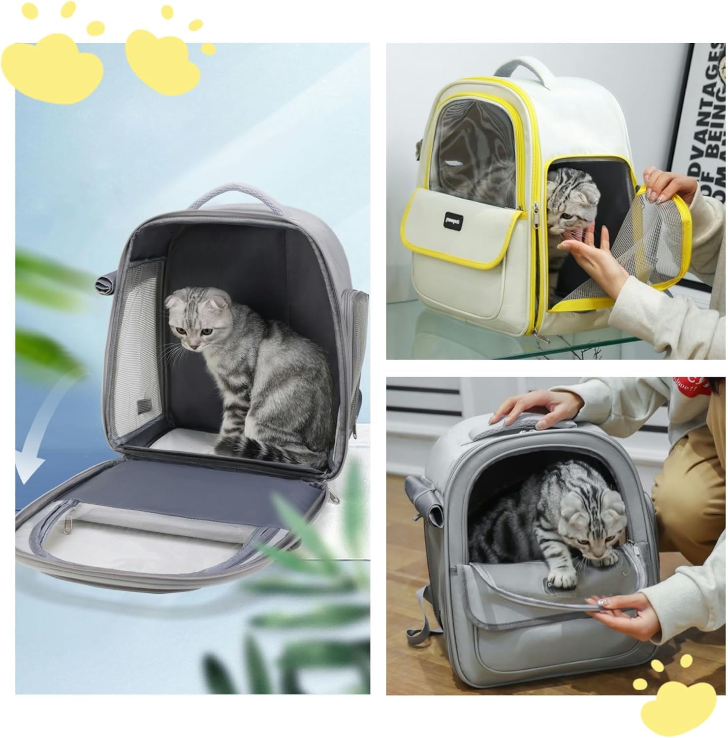 Cat Backpack Carrier for Travel & Hiking - Large Space, Durable & Breathable Pet Carrier for Cats & Small Dogs - Anti-Scratch, Escape-Proof Design (Yellow, Large)