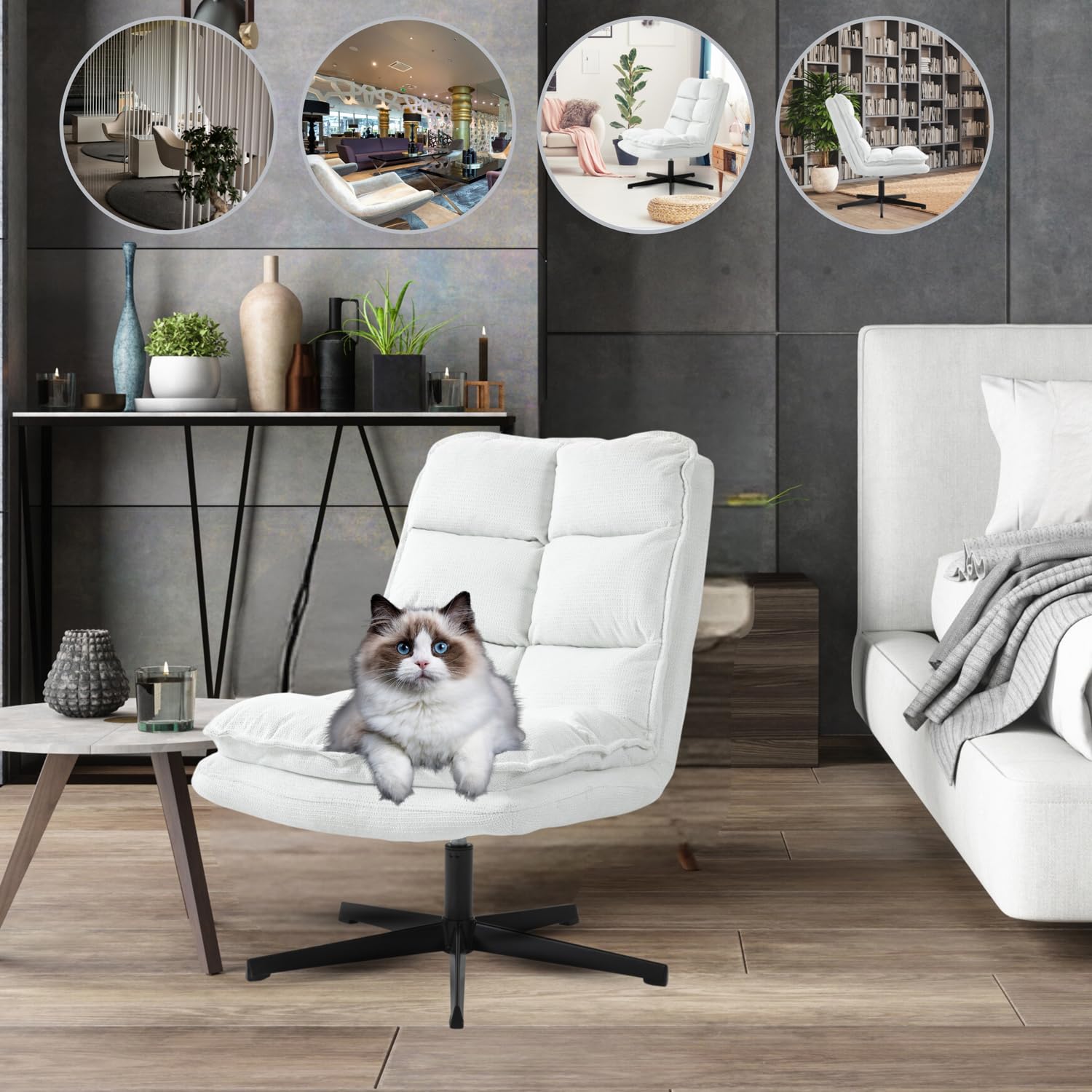 MEUBLE COSY Poltrona Imbottita Girevole a 360° Sedia da Salotto con Braccioli Poltroncina Relax con Schienale Pieghevole per Camera da Letto Soggiorno, Bianco, 65x79.5x85cm