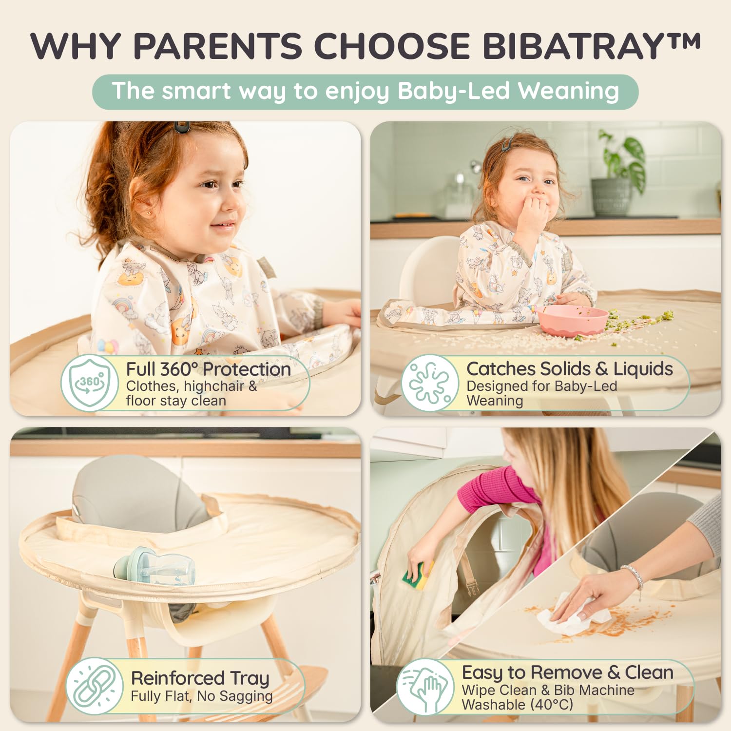 BibaTray L - Kit de comida para bebé (DME) con babero impermeable + bandeja flexible patentada y estabilizadora | Compatible con sillas altas | Sin BPA, diseño francés, fácil limpieza | 6