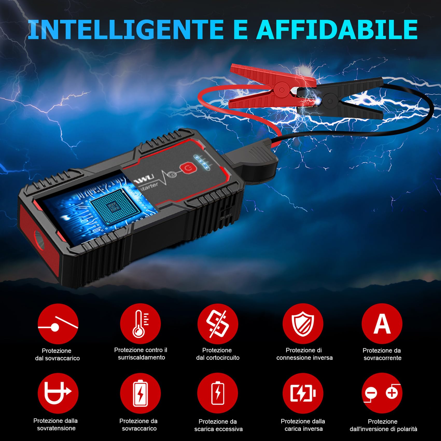 FOWAWU Avviatore Batteria,22800mAh 2500A Avviatore di Emergenza per Auto,Moto(8.0L Gas o 6.5L Diesel), Starter Batteria Auto con Smart-Clip Può Emettere DC 12V