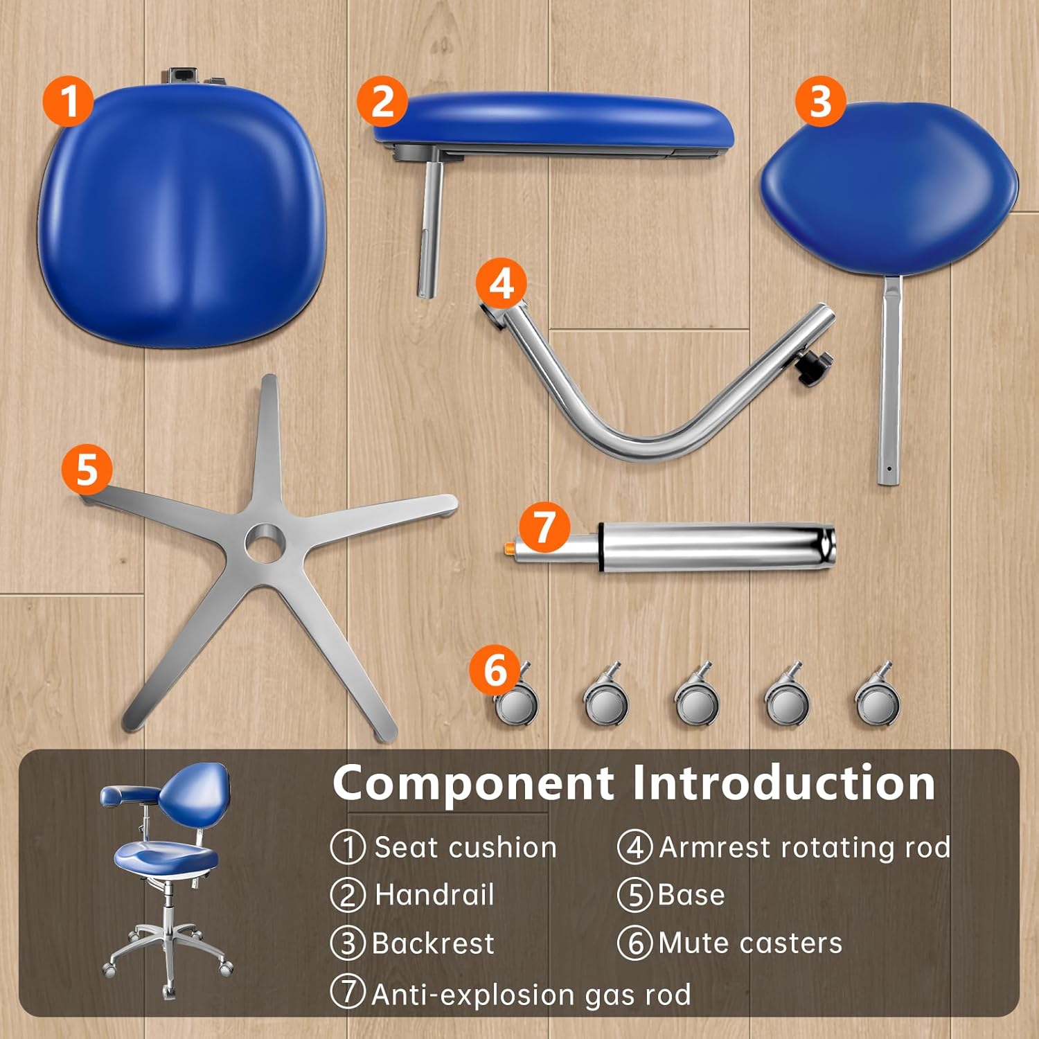 Dental Assistant Chair PU Leather with Swivel Armrests, Rolling Dental Chair, Ergonomic Swivel Dentist's Stool with Backrest for Clinics, Tattoo, Home and Laboratory - Blue