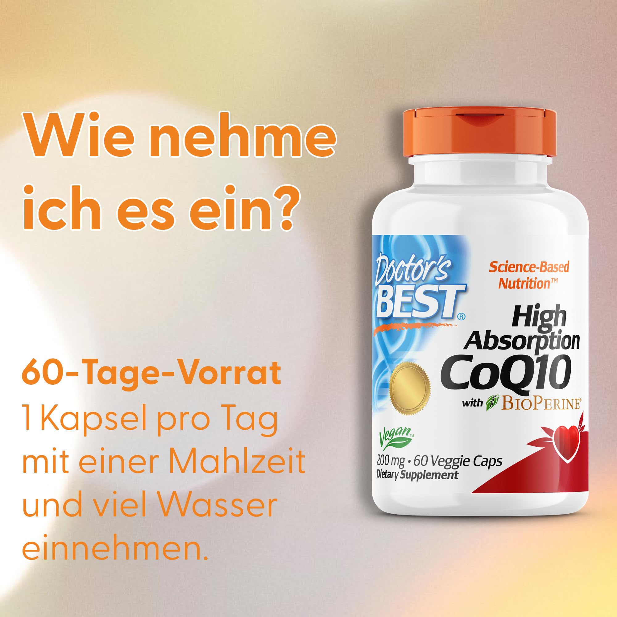 Doctor's Best, High Absorption CoQ10 mit BioPerine, 200mg, 60 vegane Kapseln, Laborgeprüft, Glutenfrei, Sojafrei, Vegetarisch