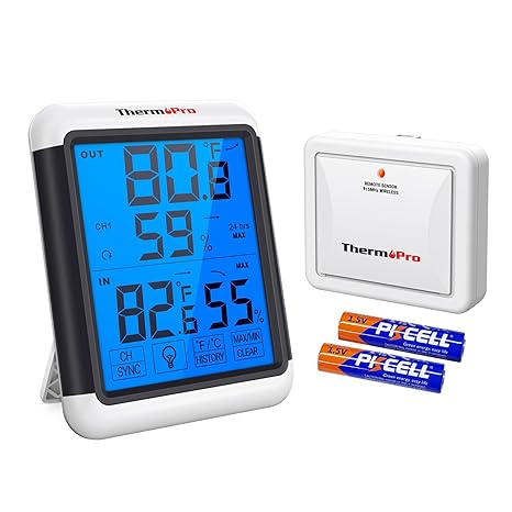 ThermoPro TP65 Indoor Outdoor Thermometer Digital Wireless Hygrometer Temperature Humidity Monitor with Jumbo Touchscreen and Backlight Humidity Gauge,LCD