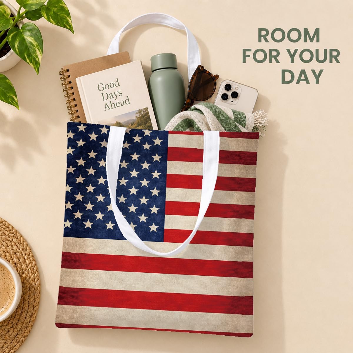 Patriotic Tote Bag, Vintage American Flag Canvas Carryall, Independence Day Shoulder Bag for Shopping Travel Beach