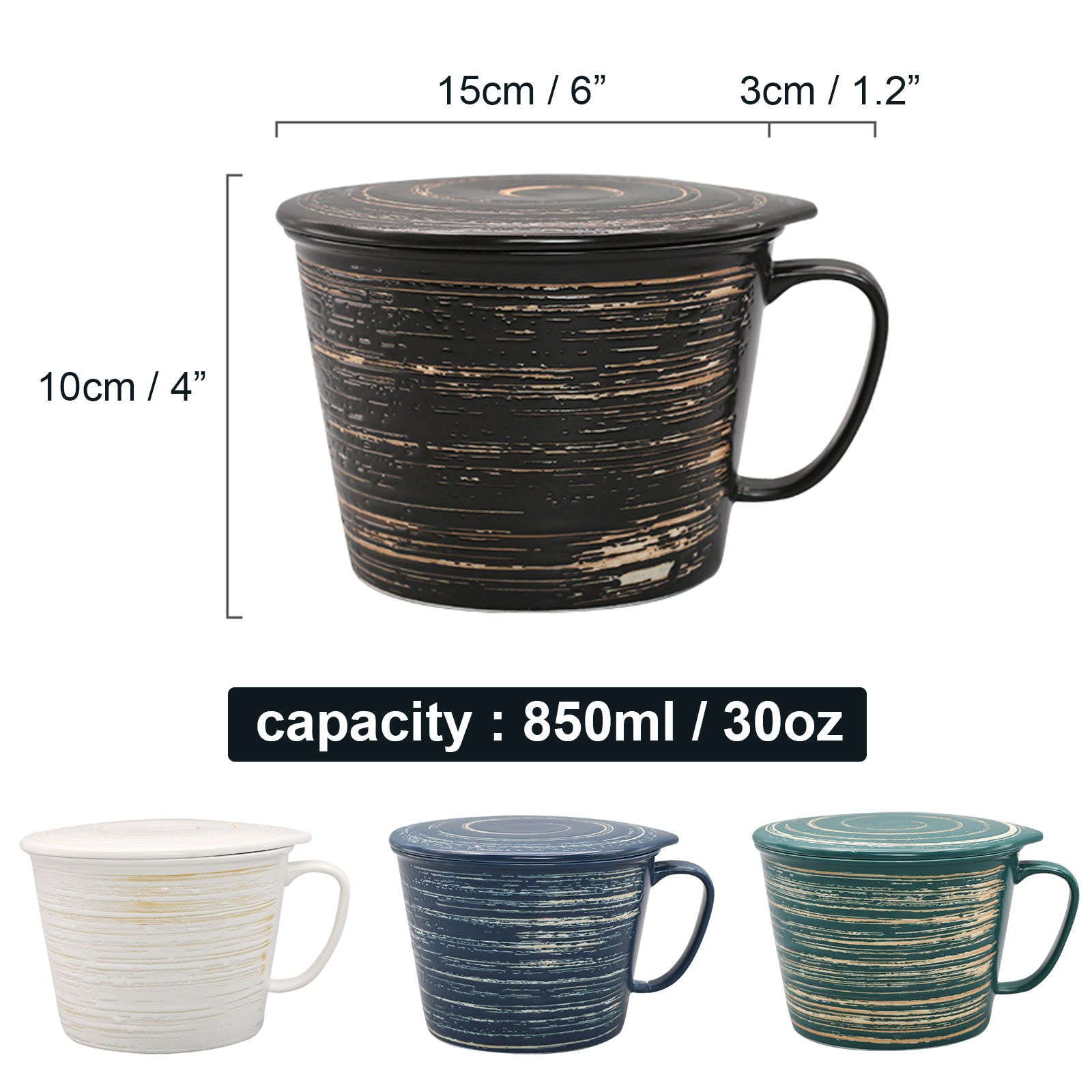 Cuenco para ensalada, cuencos para sopa, cuenco de ramen de cerámica con asa y tapa, taza grande para fideos con tapa, cuenco para sopa profundo apto para microondas.-azul-850 ml, 30 oz (Color : Whi