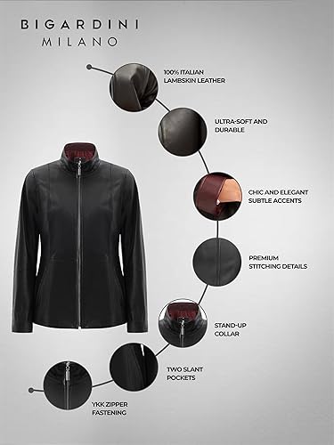Miniatura 6 de Bigardini Chaqueta de cuero genuino italiano para mujer - Chaqueta de piel de cordero real para mujer