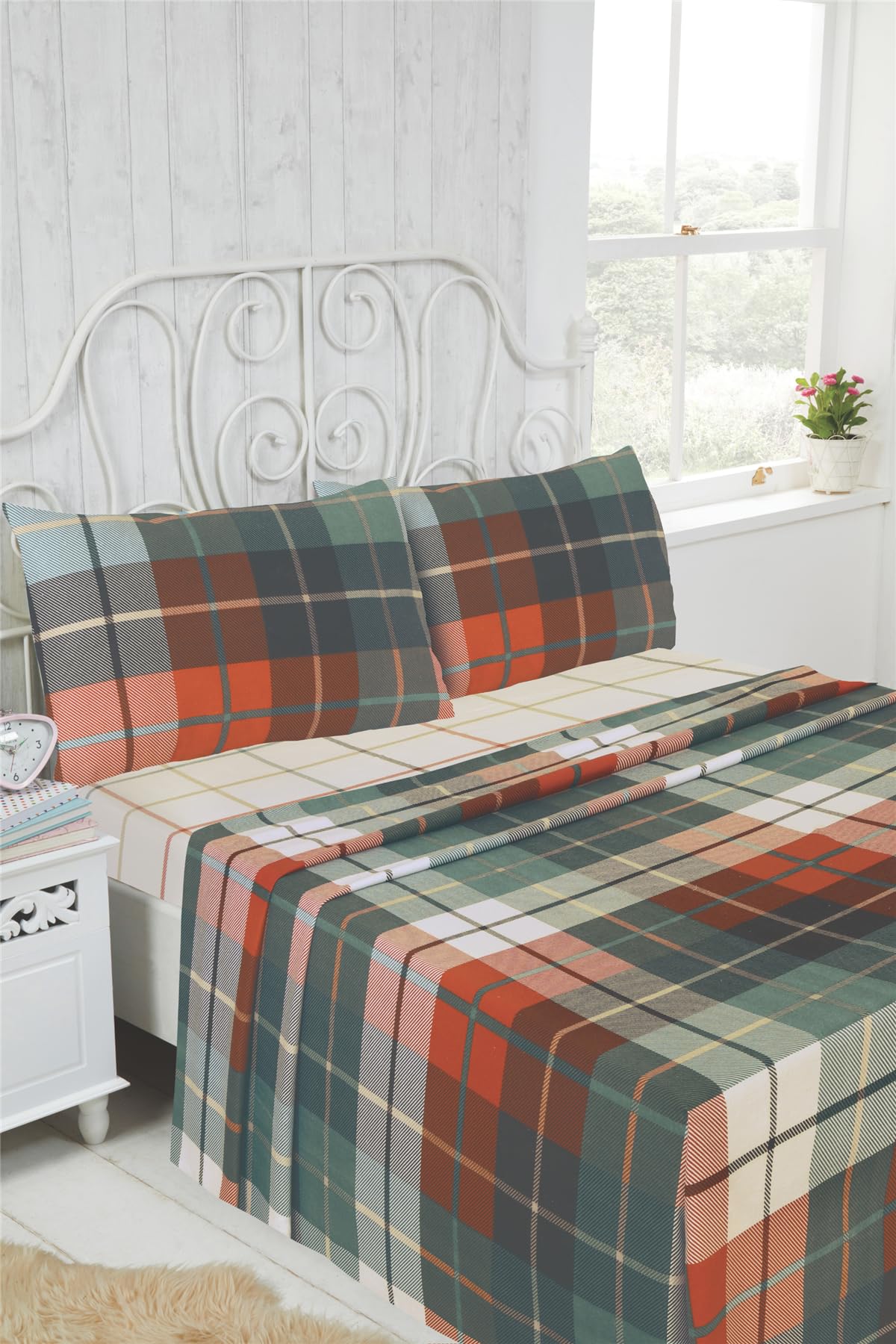 Rapport Home Lomond Brushed Cotton Check Flannelette Sheet Set - Single - Terracotta