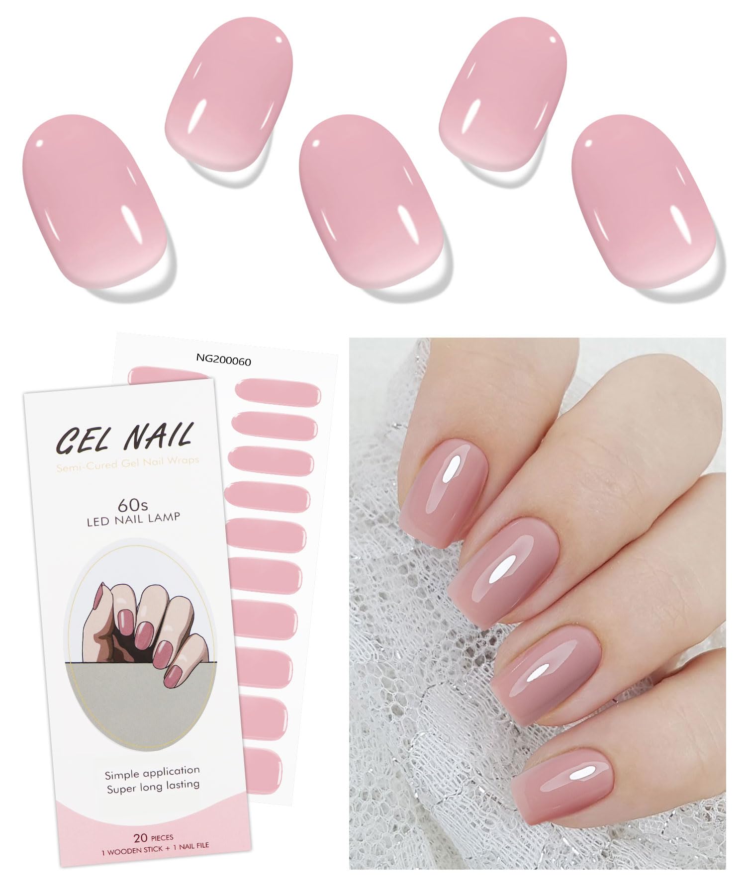 JMEOWIO Gel Nail Stickers Cream Pink Semi Cured Gel Nail Strips Wraps UV/LED Nails Art Design Decoration Accessories