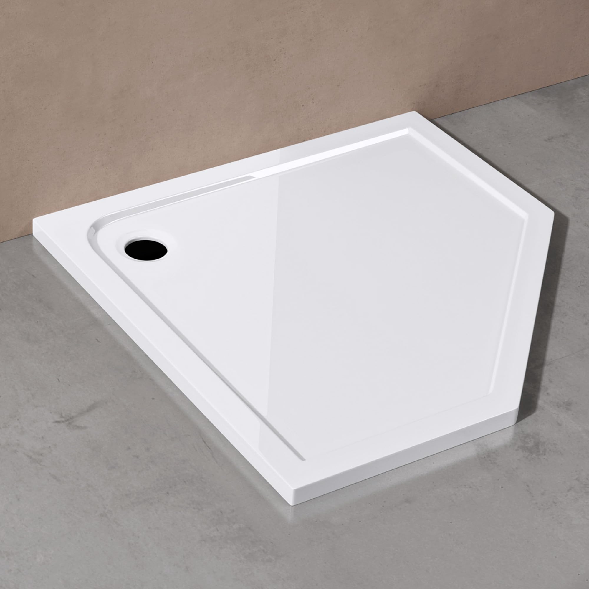 doporro Plato de Ducha Plano 100x100x4 cm Pentagonal en Acrílico Blanco, Ideal para Instalación a Nivel del Suelo y Conexiones DIN Faro5W