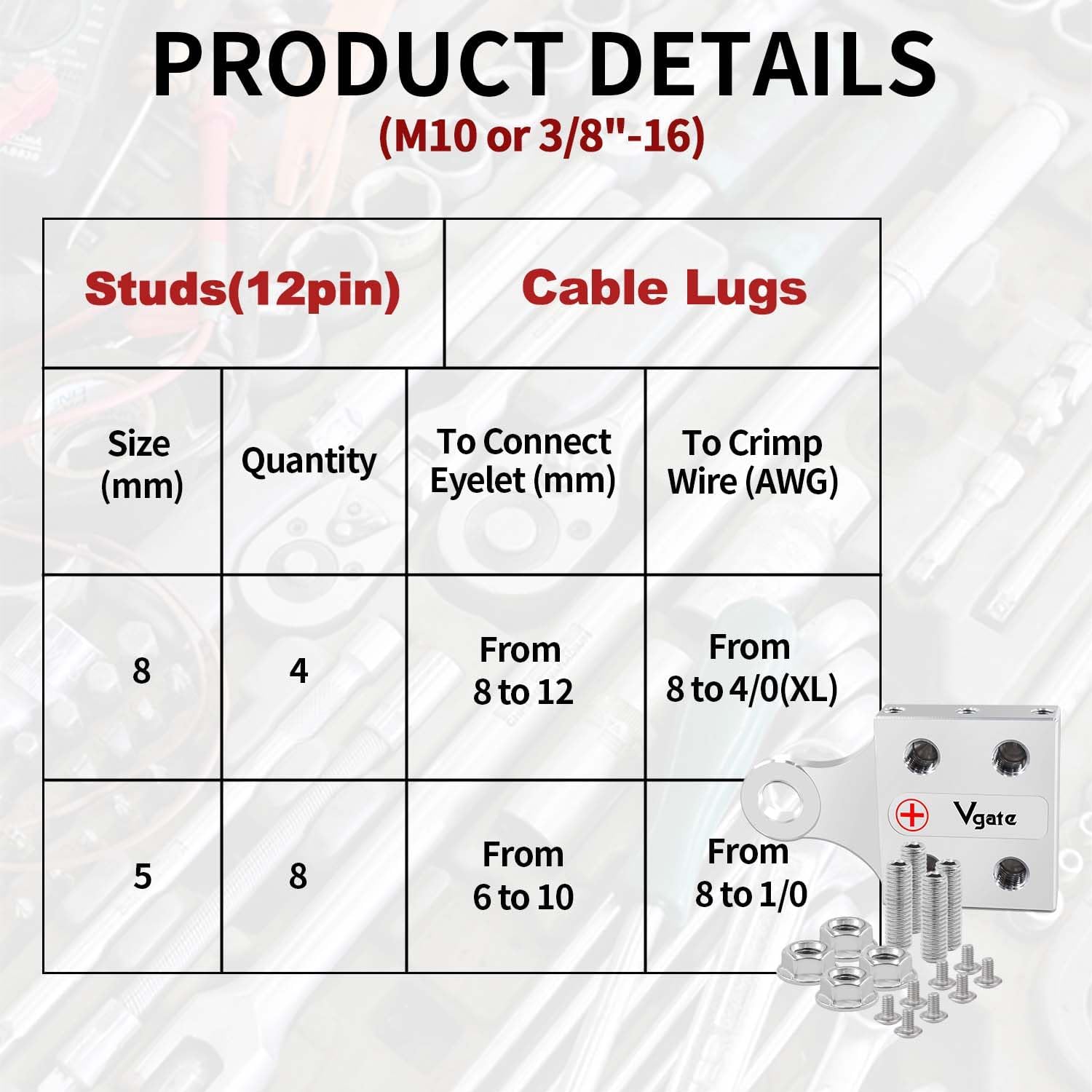 Vgate Car Battery Terminal Connectors, 12-Way Clamps, 8AWG to 4/0(XL) AWG Gauge for Lithium or AGM Lead Acid, Positive and Negative (+/-)(1 Pair) M10 or 3/8"-16