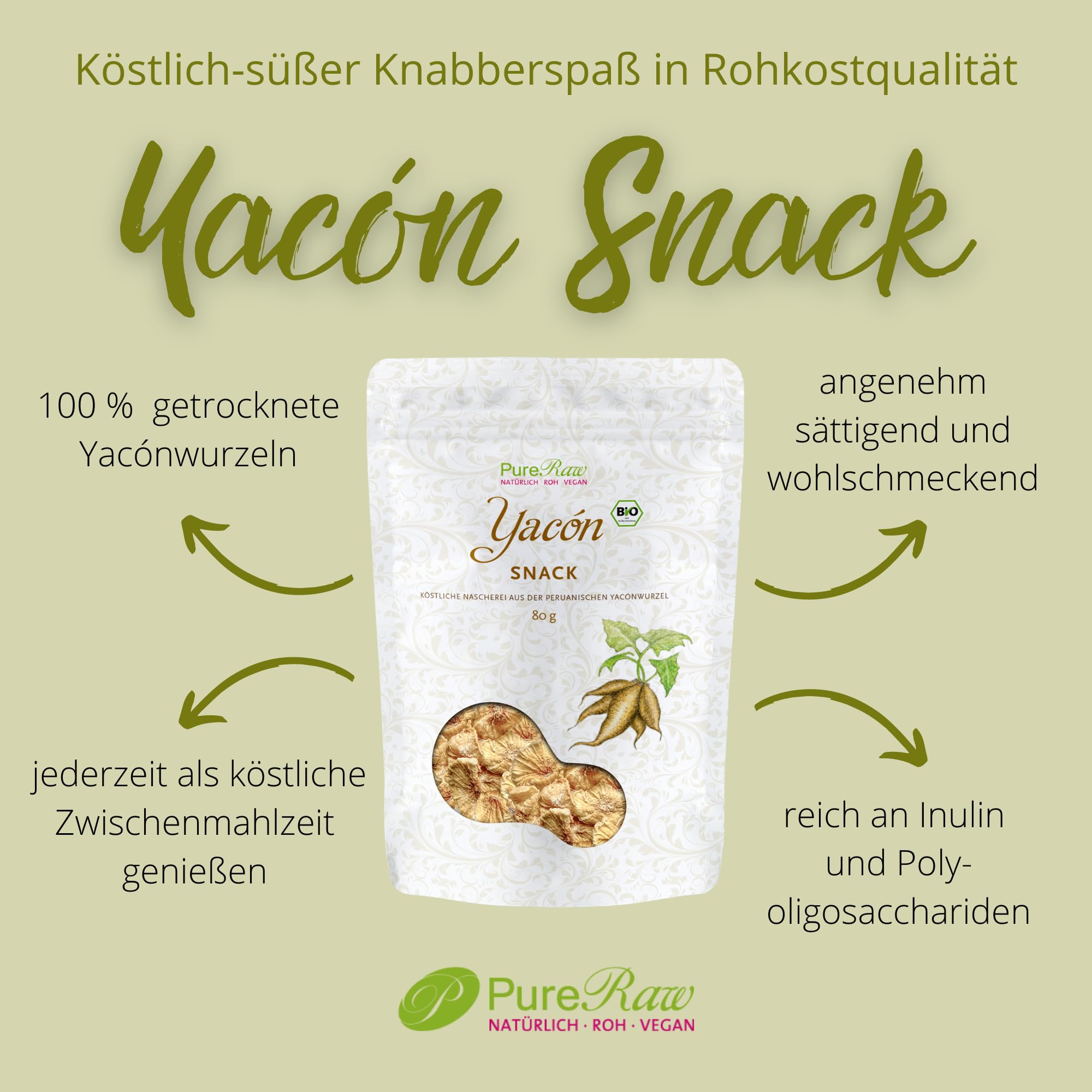 Bio Yacon 3er Set - Yacon Sirup 330g, Yacon Pulver 170g & Yacon Snack 80g PureRaw - reich an Ballasstoffen, frei von Zusatzstoffen, vielfälltig Verwendbar I PureRaw