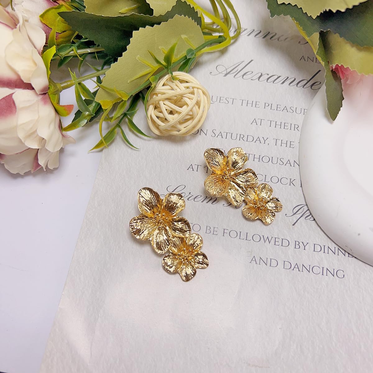 Flower Dangle Earrings Boho Layered Floral Petal Drop Earrings Statement Stud Earring for Women - Image 2