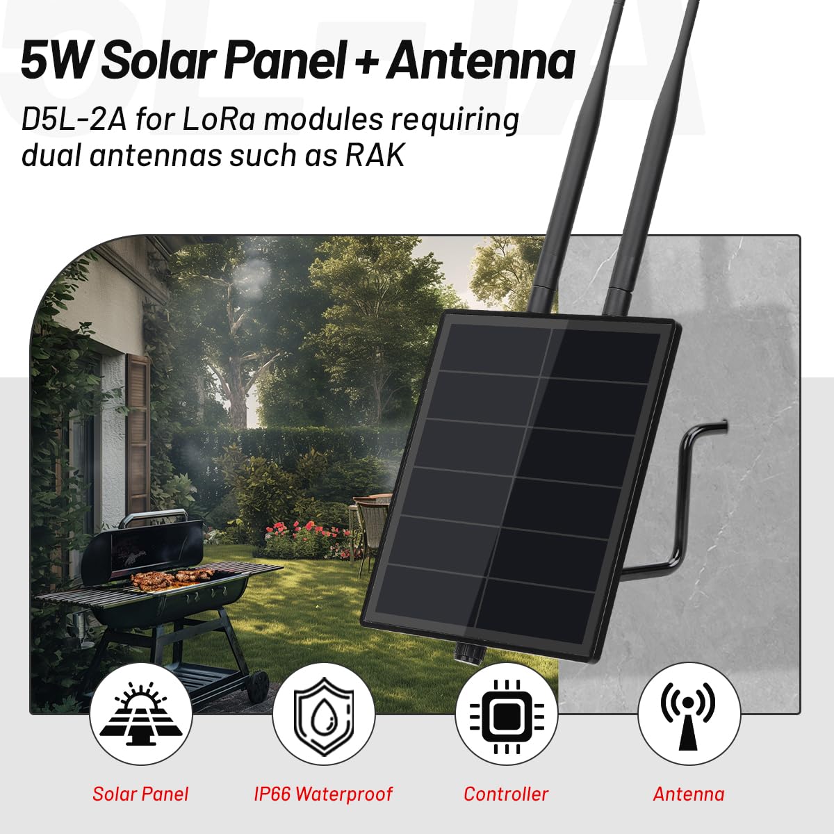 D5-2A 5W Solar Panel System for Rak4631 LoRa Module for DIY Meshtastic Meshcore LoRa Node Kits with 868MHz & 2,4g BLE Antenna
