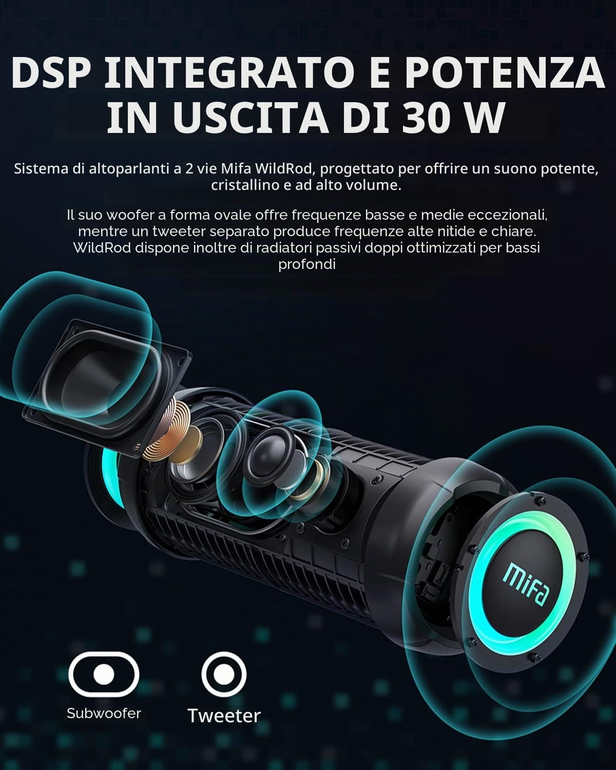 MIFA WildRod Casse Bluetooth 5.3 IP67 Impermeabile e Antipolvere, Potenza di Riproduzione 30 W, Batteria da 12 ore, Ricarica USB-C e supporto Micro-SD, luce LED RGB, Nero