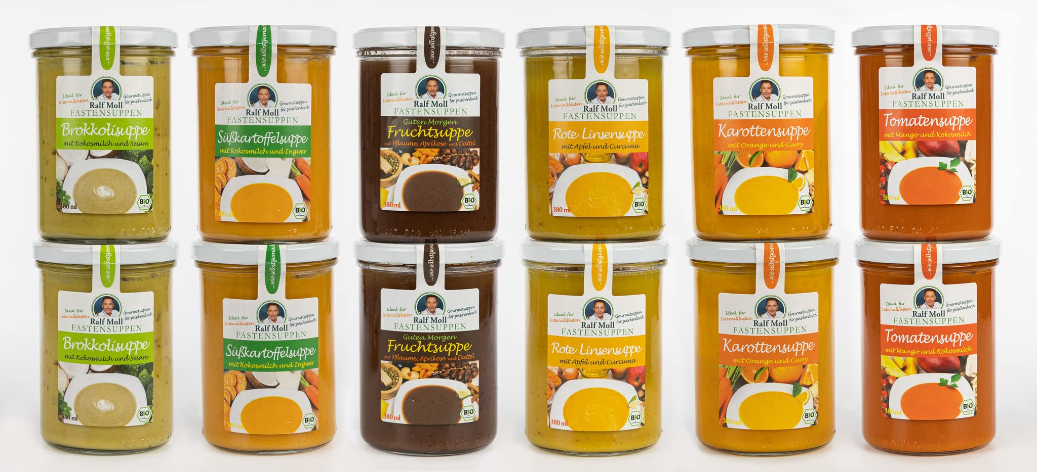 Intervallfasten mit leckeren veganen Suppen von Ralf Moll® Fastensuppen | 12x 380ml Bio-Suppen im Glas | Fastenkur Souping | mit Fruchtsuppe, Rote-Linsen, Tomaten, Karotten, Süßkartoffel, Brokkoli