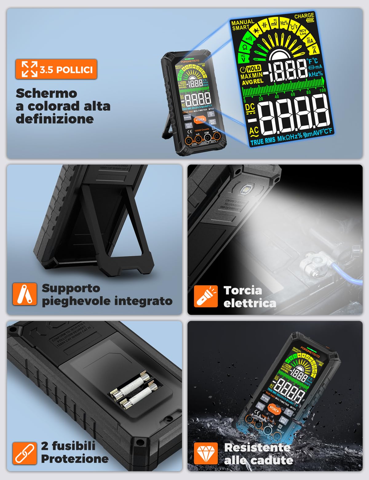 Multimetro Digitale Professionale POROMETISTO TRMS 10000 conteggi, 750V CA/ 1000V CC Ricaricabile con Auto Gamma, Misura Tensione Corrente Resistenza Continuità Capacità Frequenza Diodo TEM