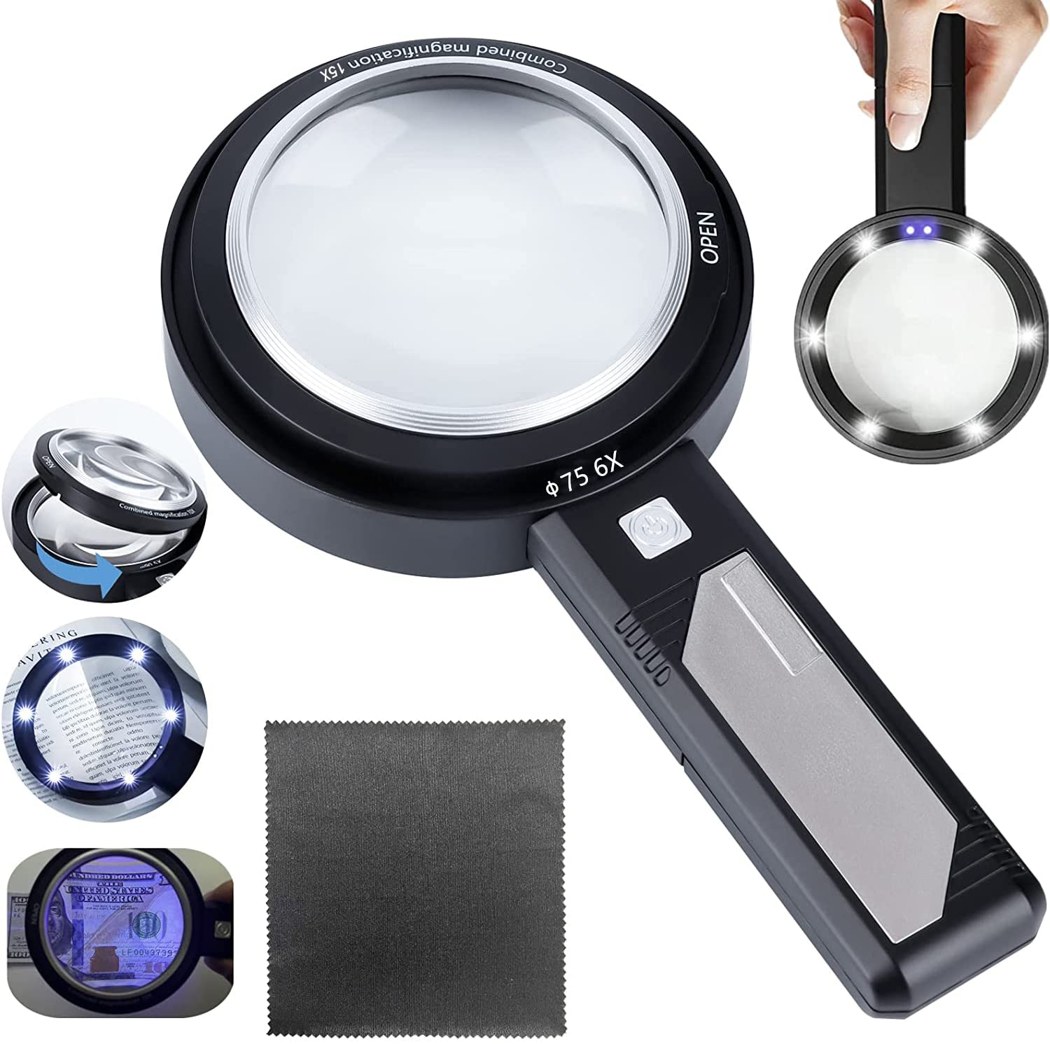 Magnifying Glass with 6LED Light -6X9X15X Large Illuminated Light weight Handheld Magnifying Glasswith Dual-Lens for Books, Newspapers, Maps, Coins, Currency Detectors, Jewelry, Hobbies and Crafts