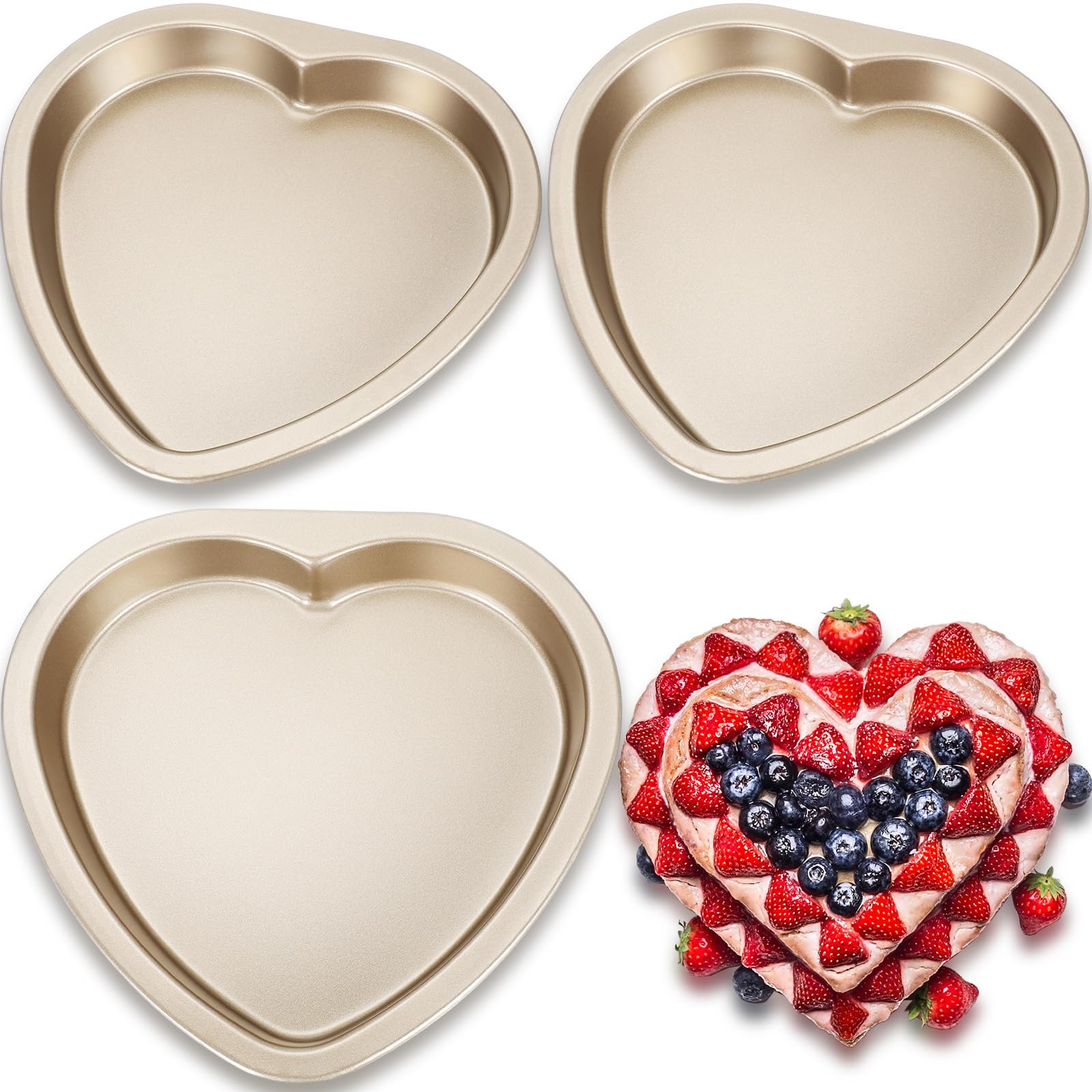 Maxcheck 3 Stück herzförmige Kuchenformen, 20,3 cm, Valentinstag, Herz, Pizza-Pfanne, Karbonstahl, flache Form für Kekse, Kuchen, Zuhause, Backofen, Backen, Geburtstag (Gold)