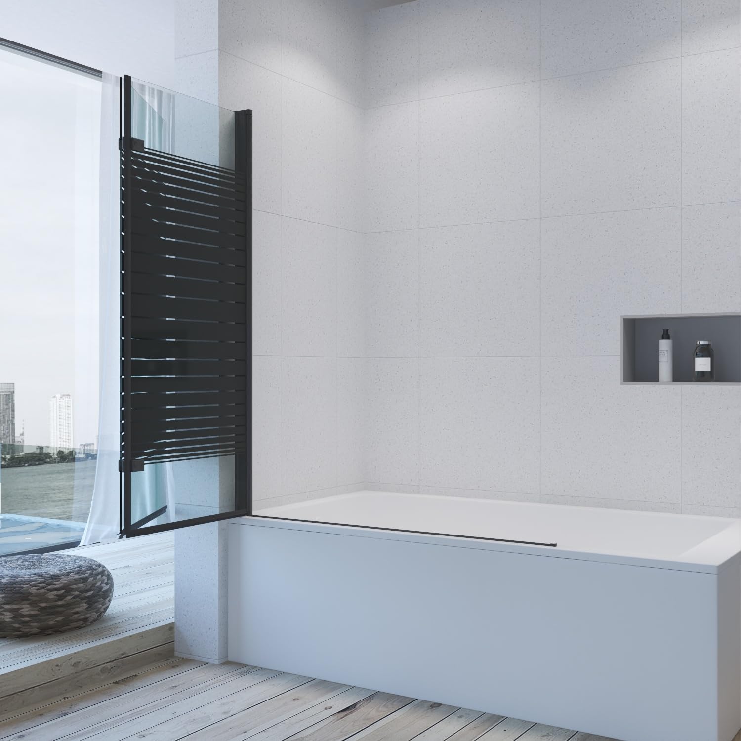 AQUABATOS paravento per vasca da bagno senza foratura nero opaco 120 x 140 cm parete doccia in vetro di sicurezza 5 mm, fissaggio per vasca pieghevole con rivestimento NANO